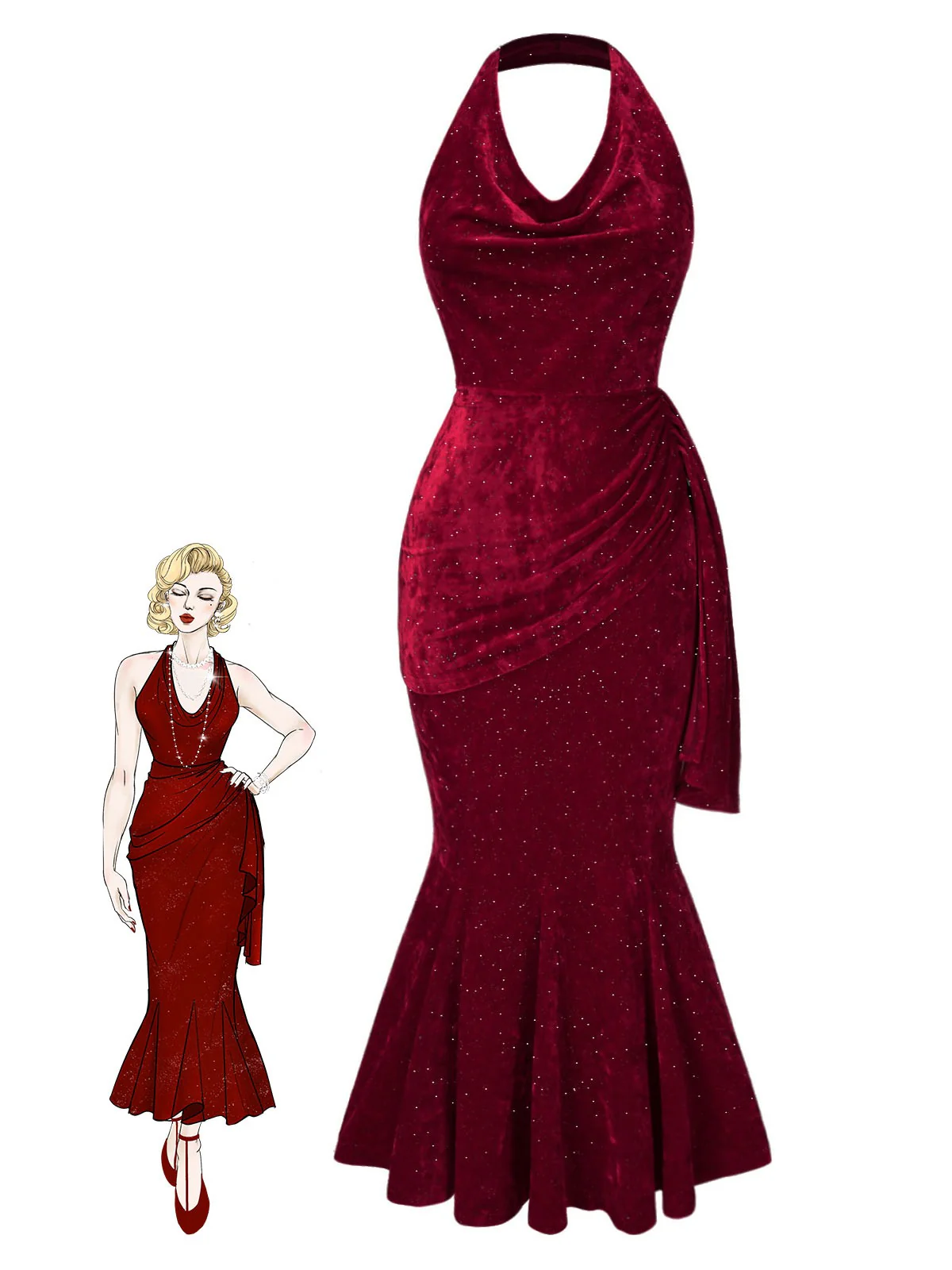 Deep Red 1930s Glitter Cowl Neck Mermaid Dress - Image 2