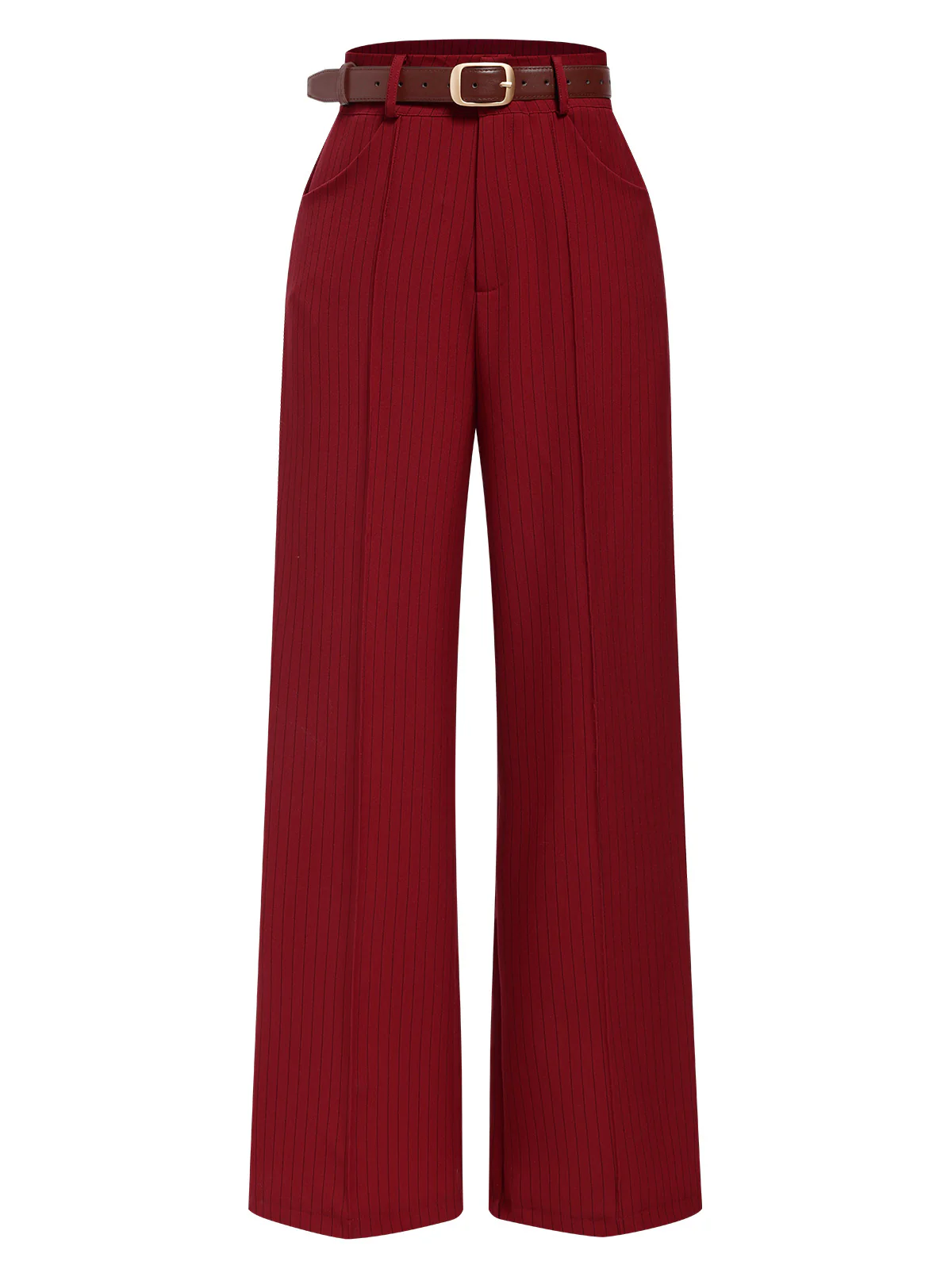 Deep Red 1950s Stripes Wide Leg Belted Pants - Image 3