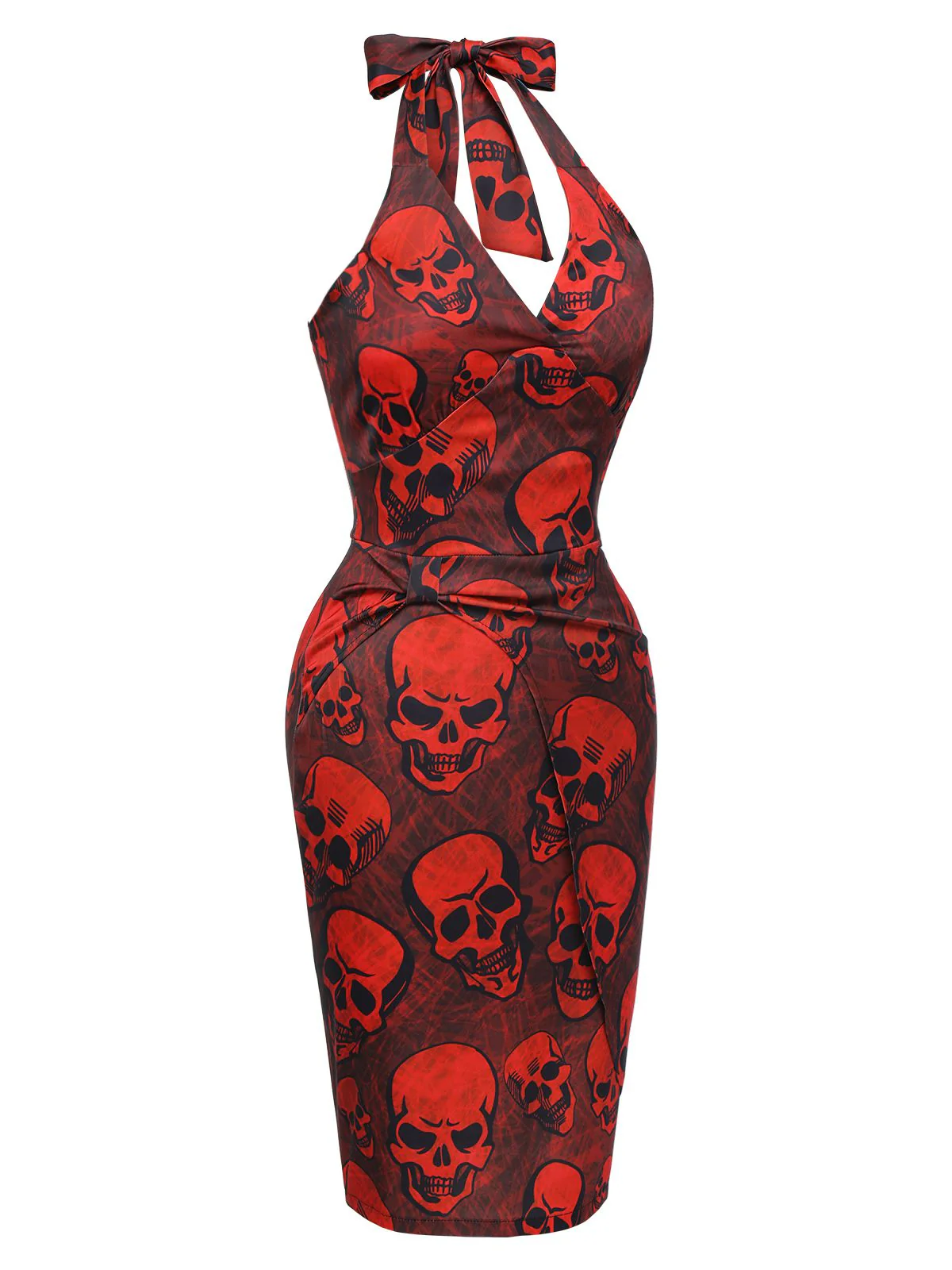 Deep Red 1960s Halloween Skull Halter Dress - Image 3