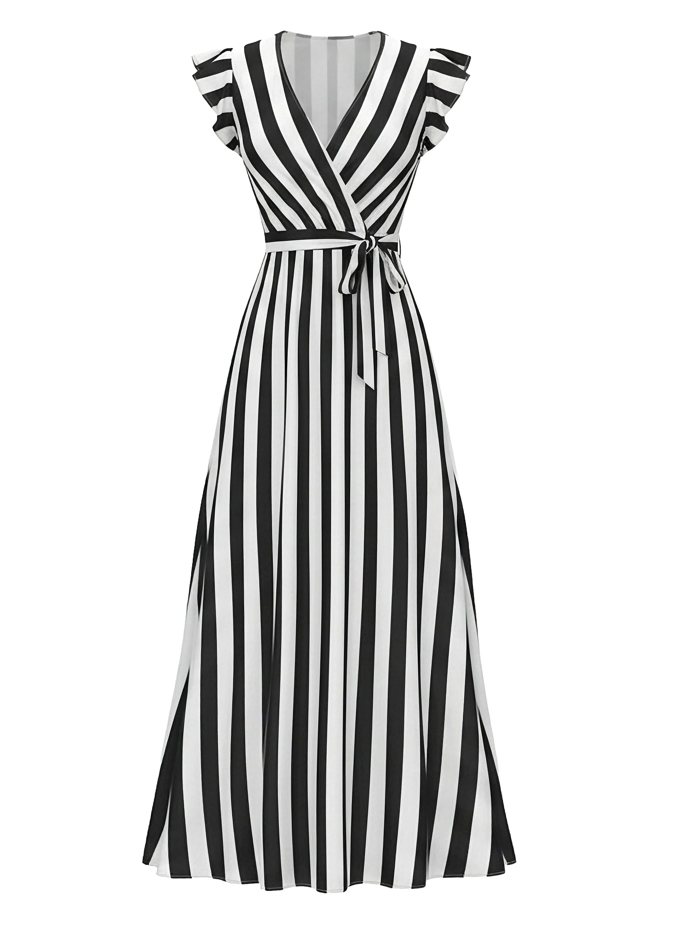 1950s V-Neck Ruffle Belted Swing Dress - Image 4