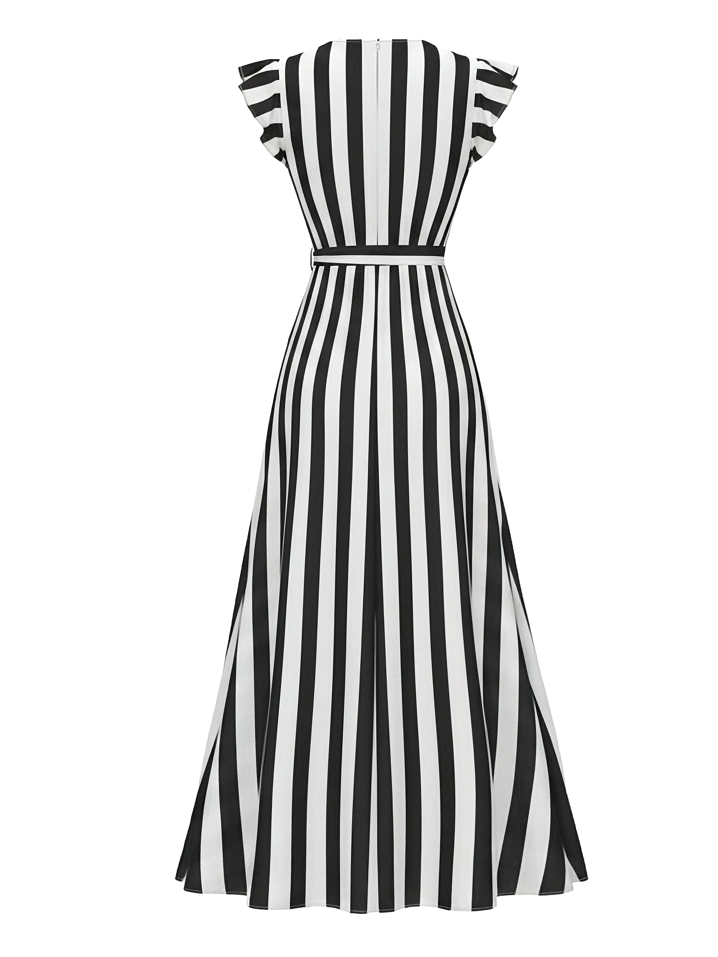 1950s V-Neck Ruffle Belted Swing Dress - Image 5