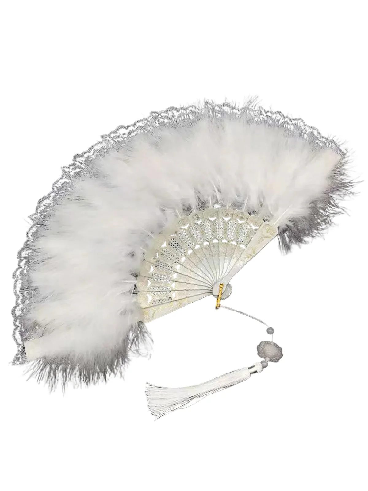 Fluffy Feather Pendants Folding Hand Fan