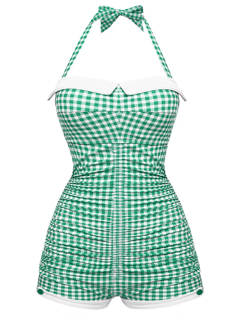 [US Warehouse] Gingham 1950s Halter Bowknot One-piece Swimsuit - Image 17