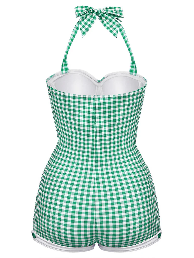 [US Warehouse] Gingham 1950s Halter Bowknot One-piece Swimsuit - Image 18