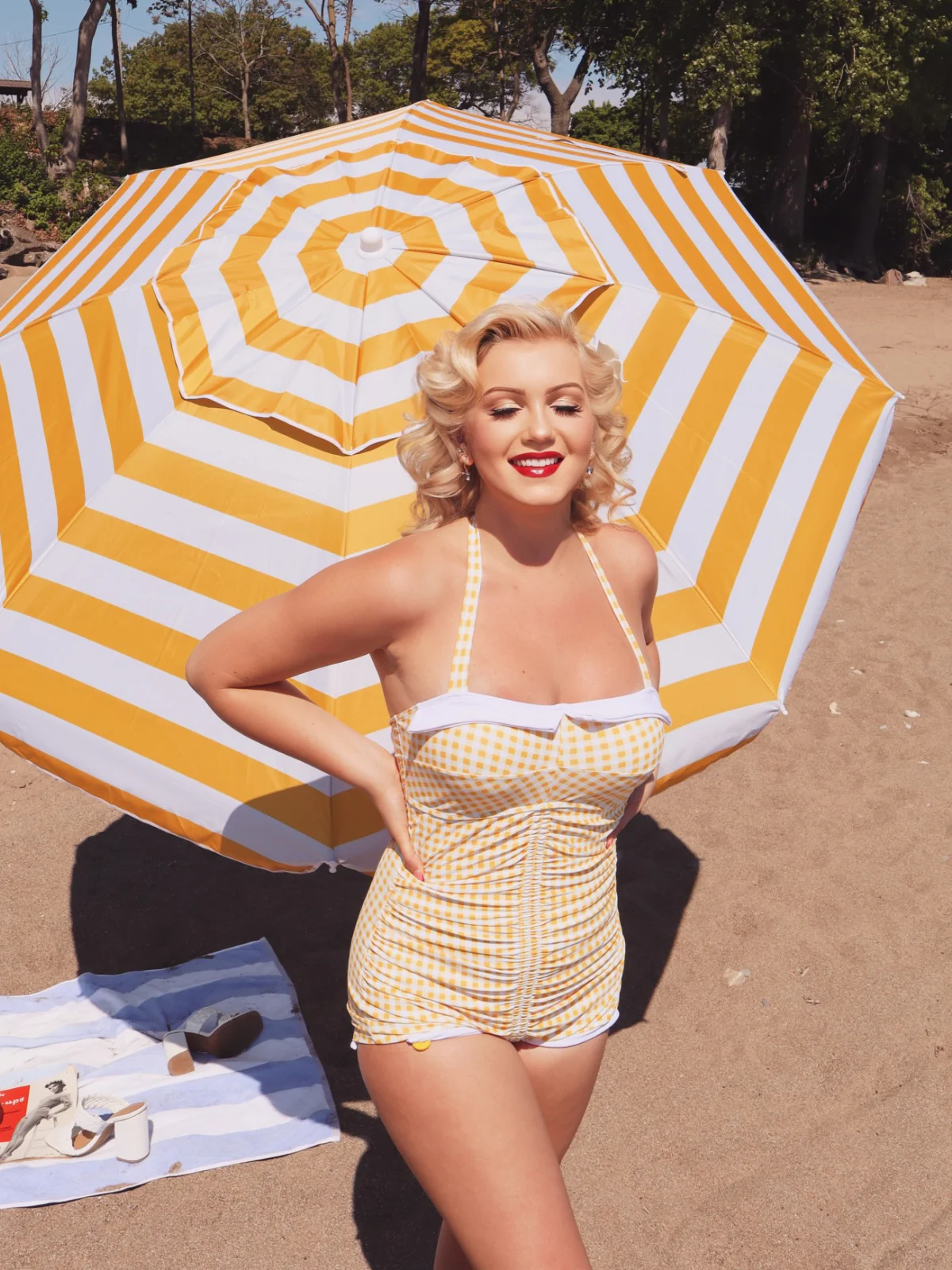 Gingham 1950s Halter Bowknot One-piece Swimsuit - Image 2