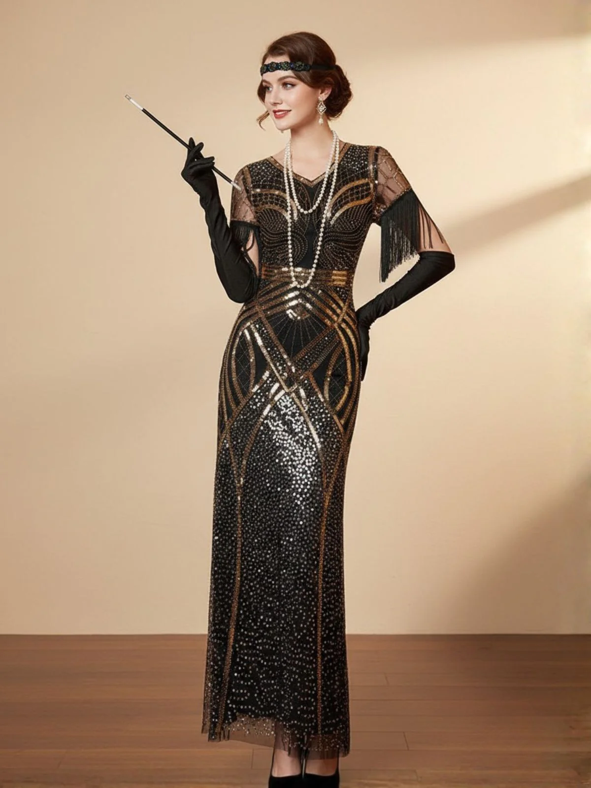 Gold 1920s Sequin Tassel V-Neck Maxi Dress