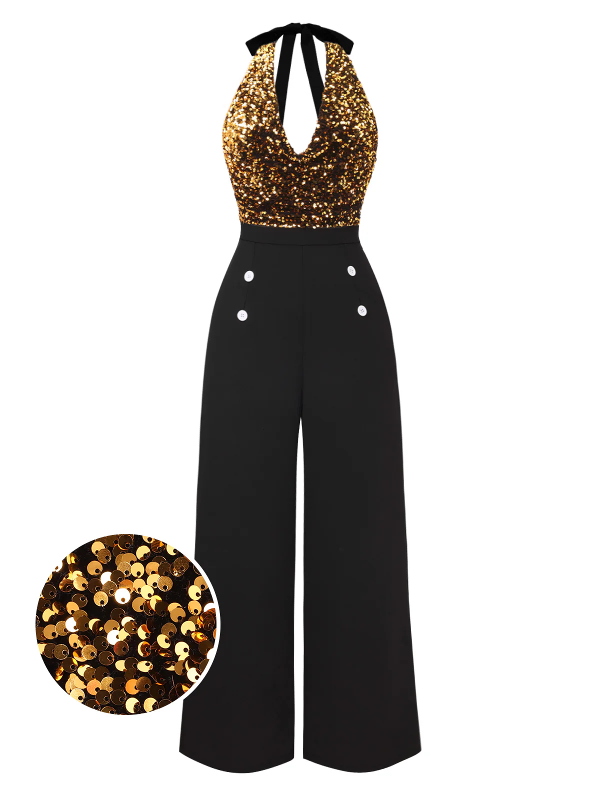 Black 1930s Halter Neck Sequined Jumpsuit - Image 3