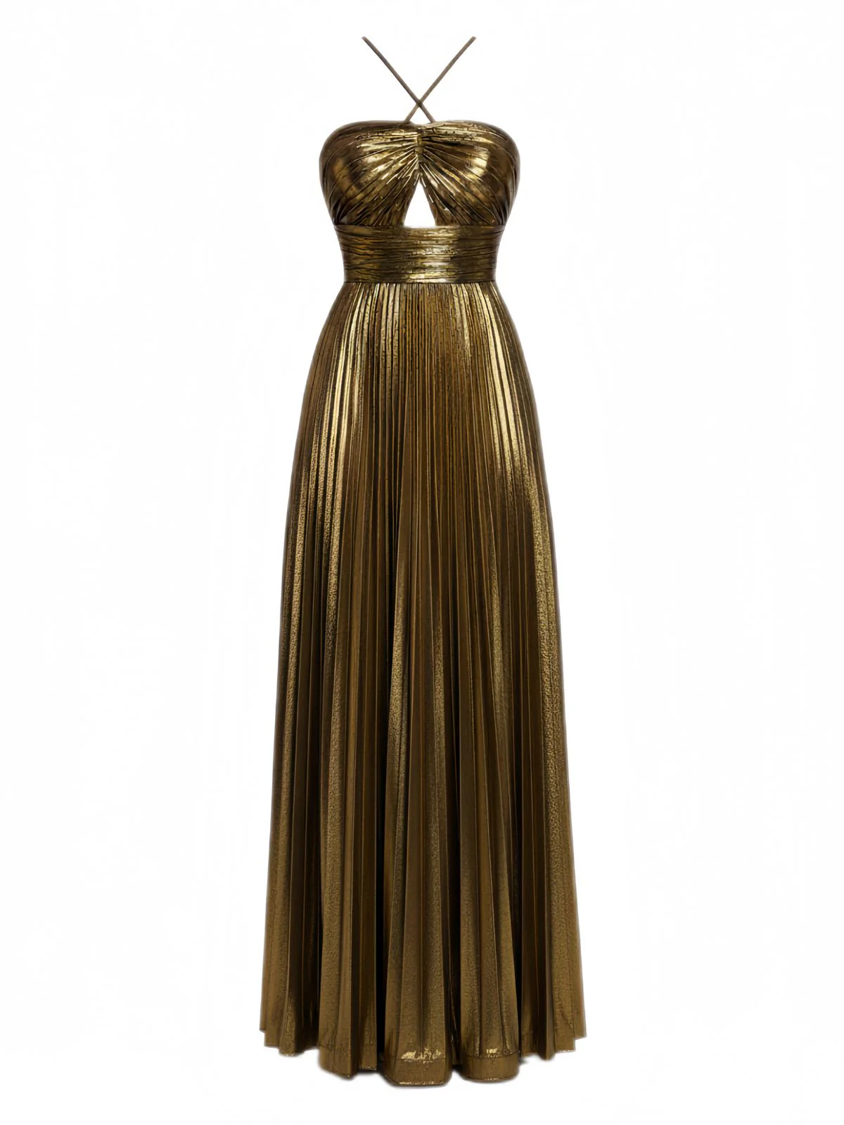 Gold 1930s Metallic Cross Halter Pleated Dress - Image 3