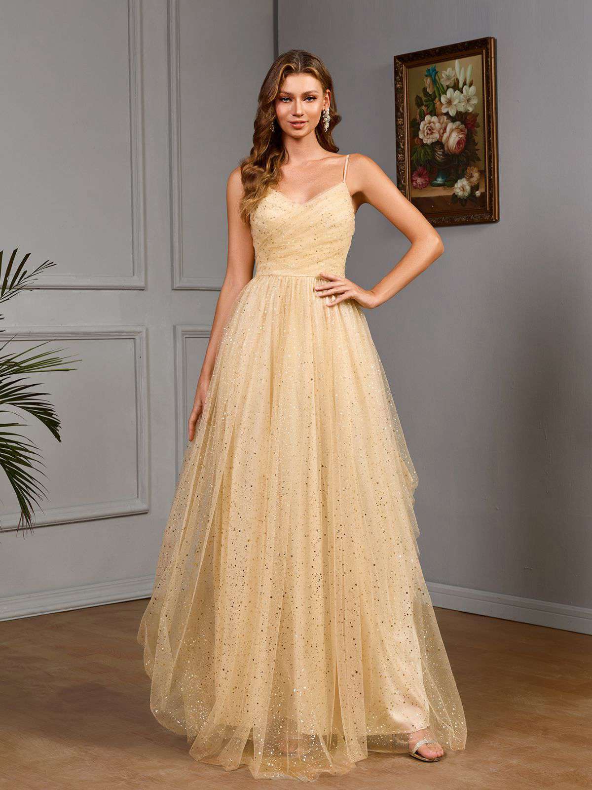 Gold 1930s Sequined V-Neck Mesh Spaghetti Strap Dress