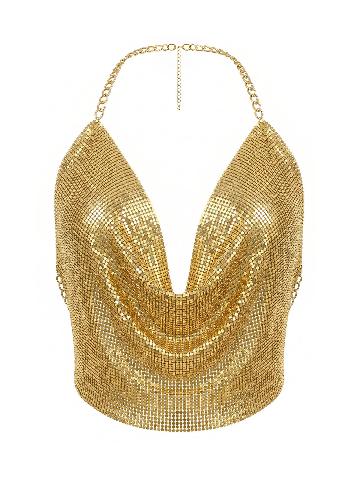 Gold 1970s Draped Cowl Neck Metallic Chain Halter Top