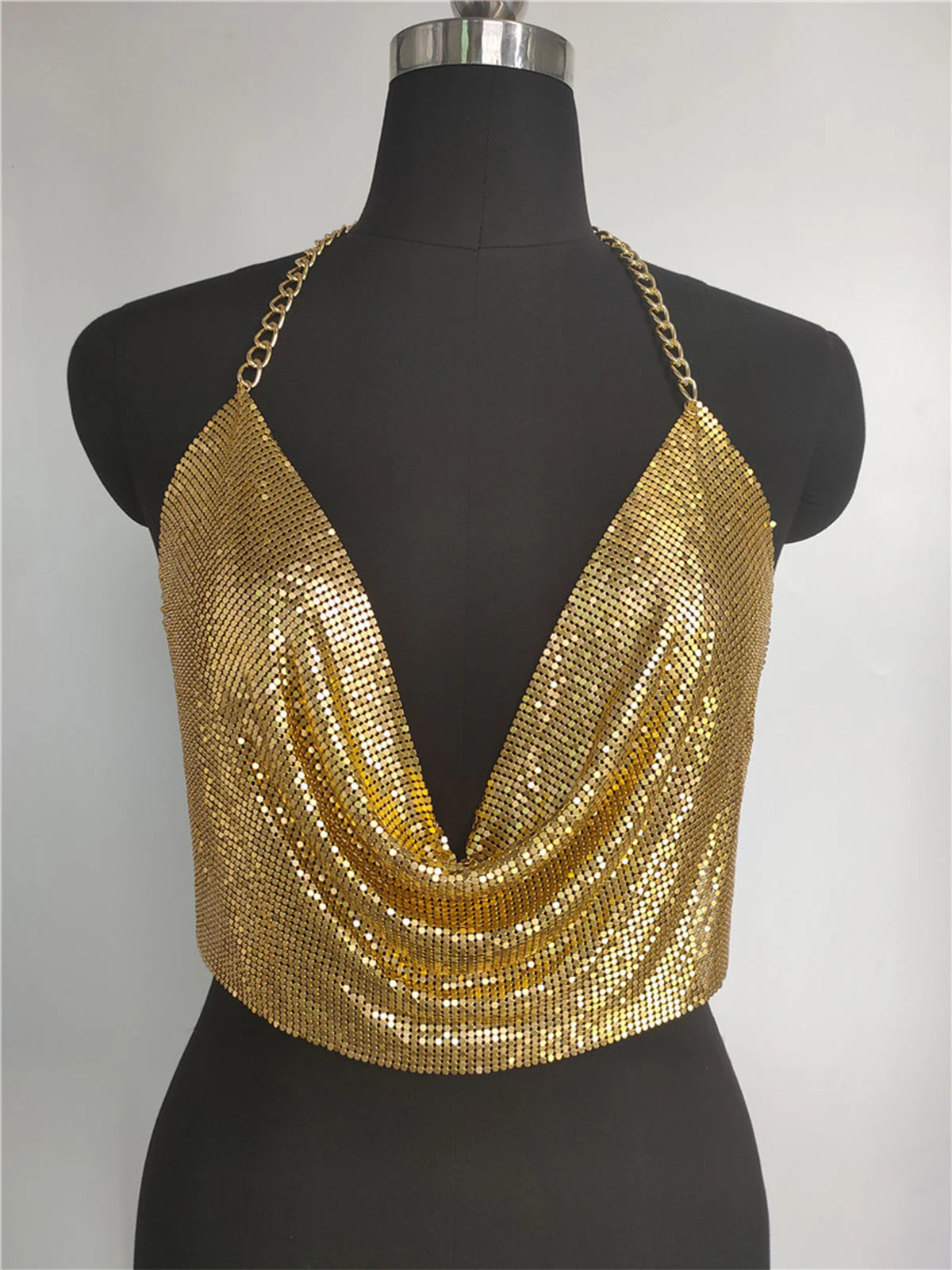 Gold 1970s Draped Cowl Neck Metallic Chain Halter Top - Image 2