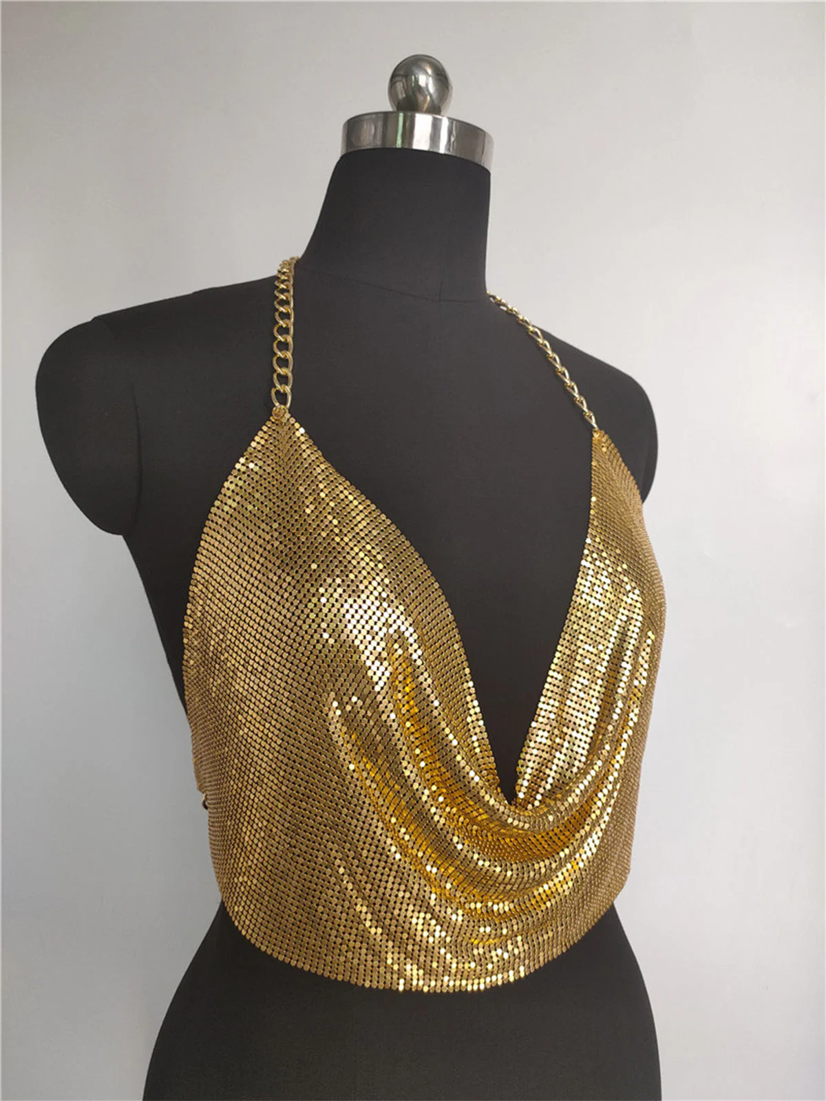 Gold 1970s Draped Cowl Neck Metallic Chain Halter Top - Image 3
