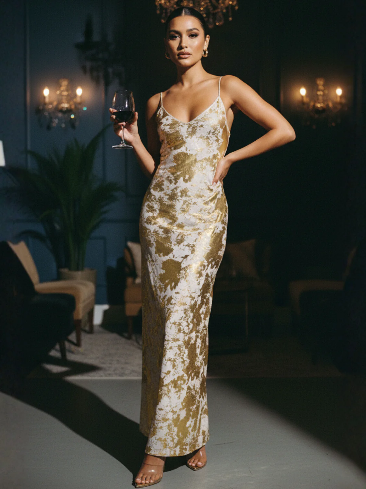 Gold 1980s Spaghetti Strap V-Neck Foil Print dress