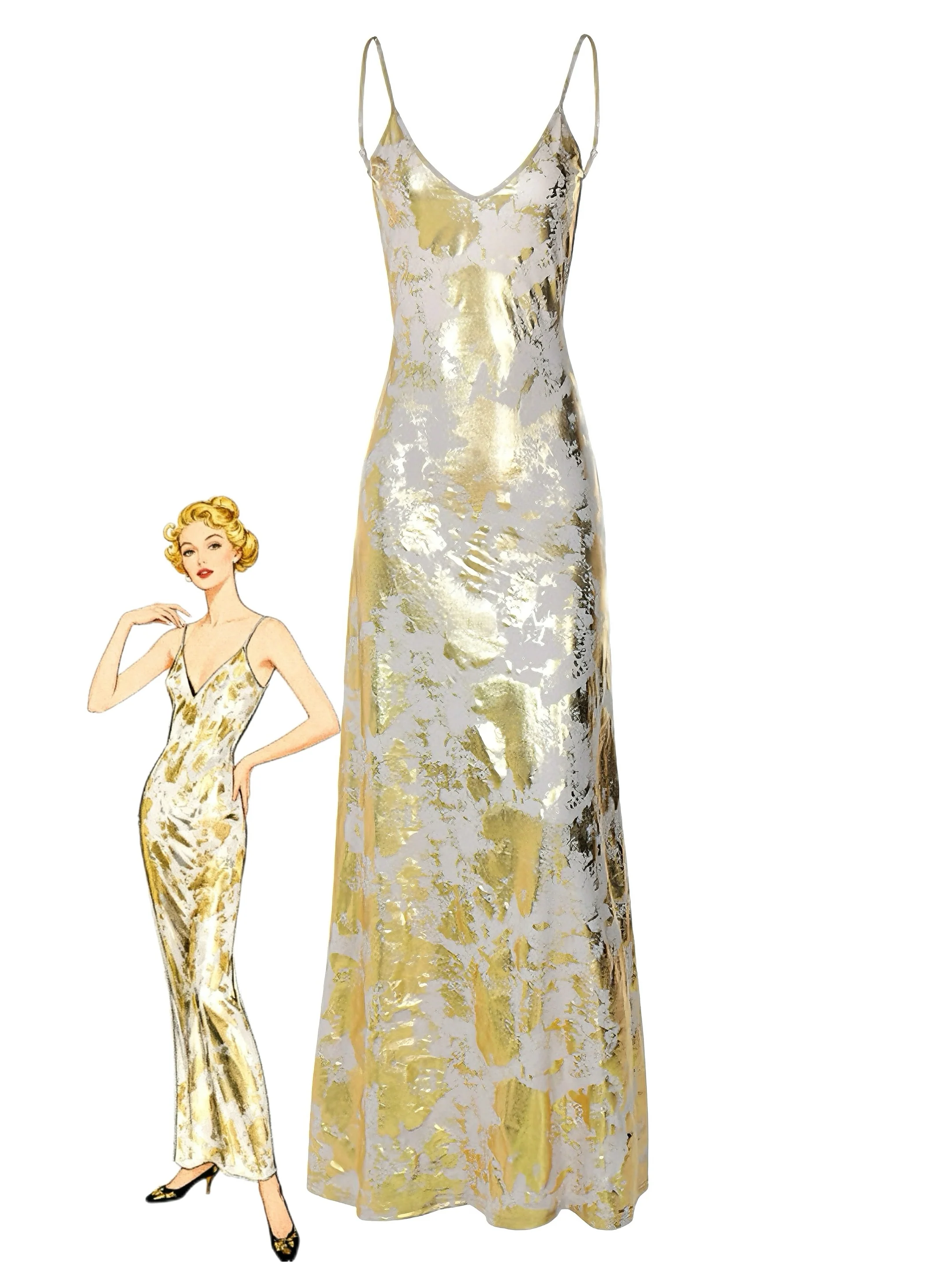 Gold 1980s Spaghetti Strap V-Neck Foil Print dress