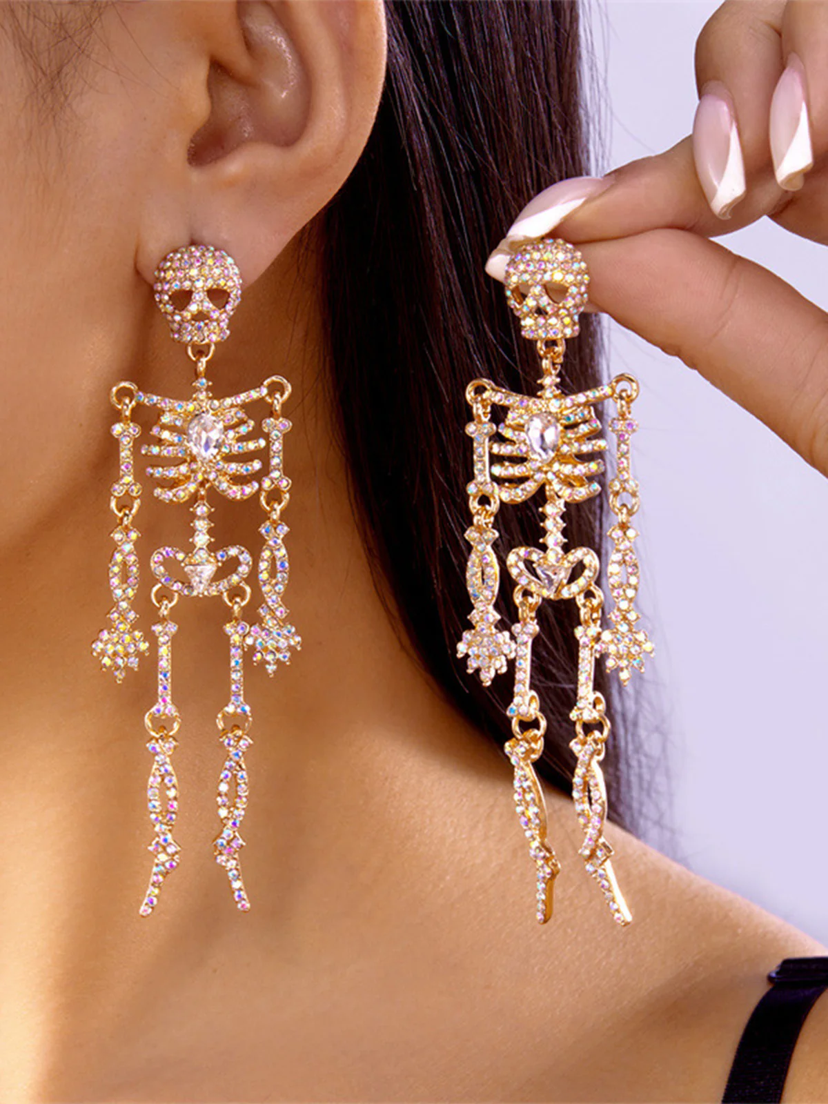 Gold Crystal Skeleton Drop Earrings