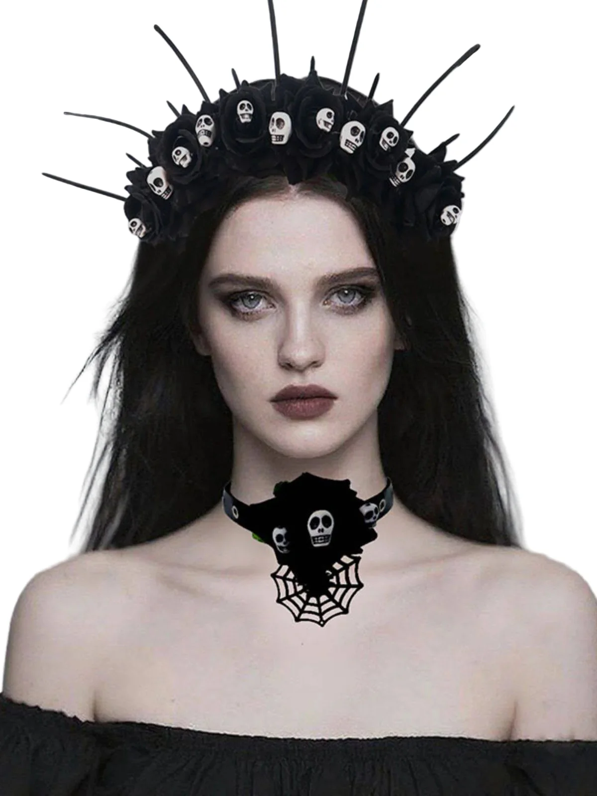Gothic Skull Rose Halloween Headband & Necklace