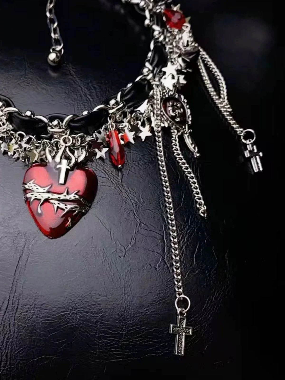 Gothic Thorns Heart Leather Cross Tassel Choker - Image 2