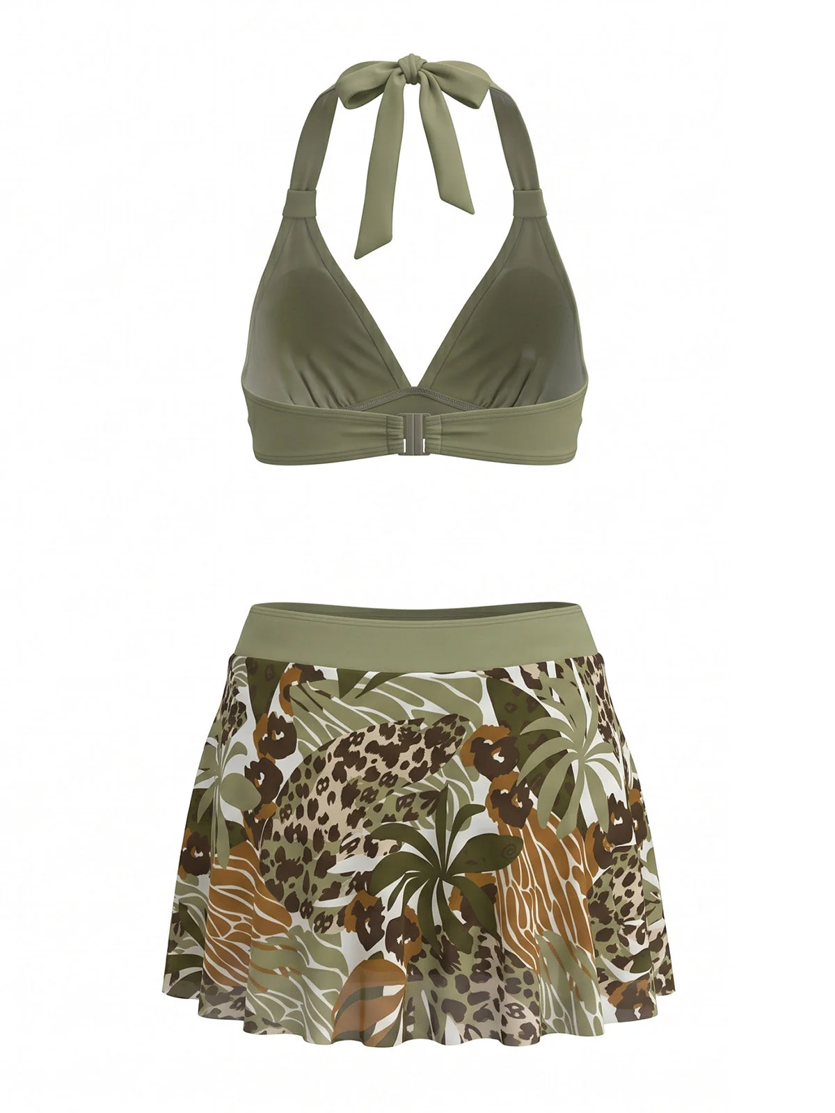 Gray Green 1980s Tropical Leopard Halter Tie Skirted Bikini Set - Image 3