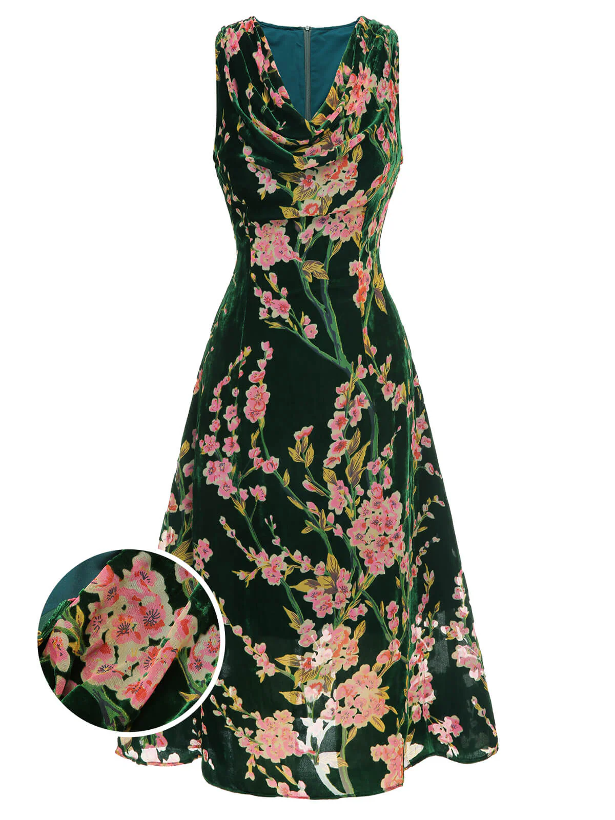 Green 1930s Floral Velvet Sleeveless Dress - Image 3