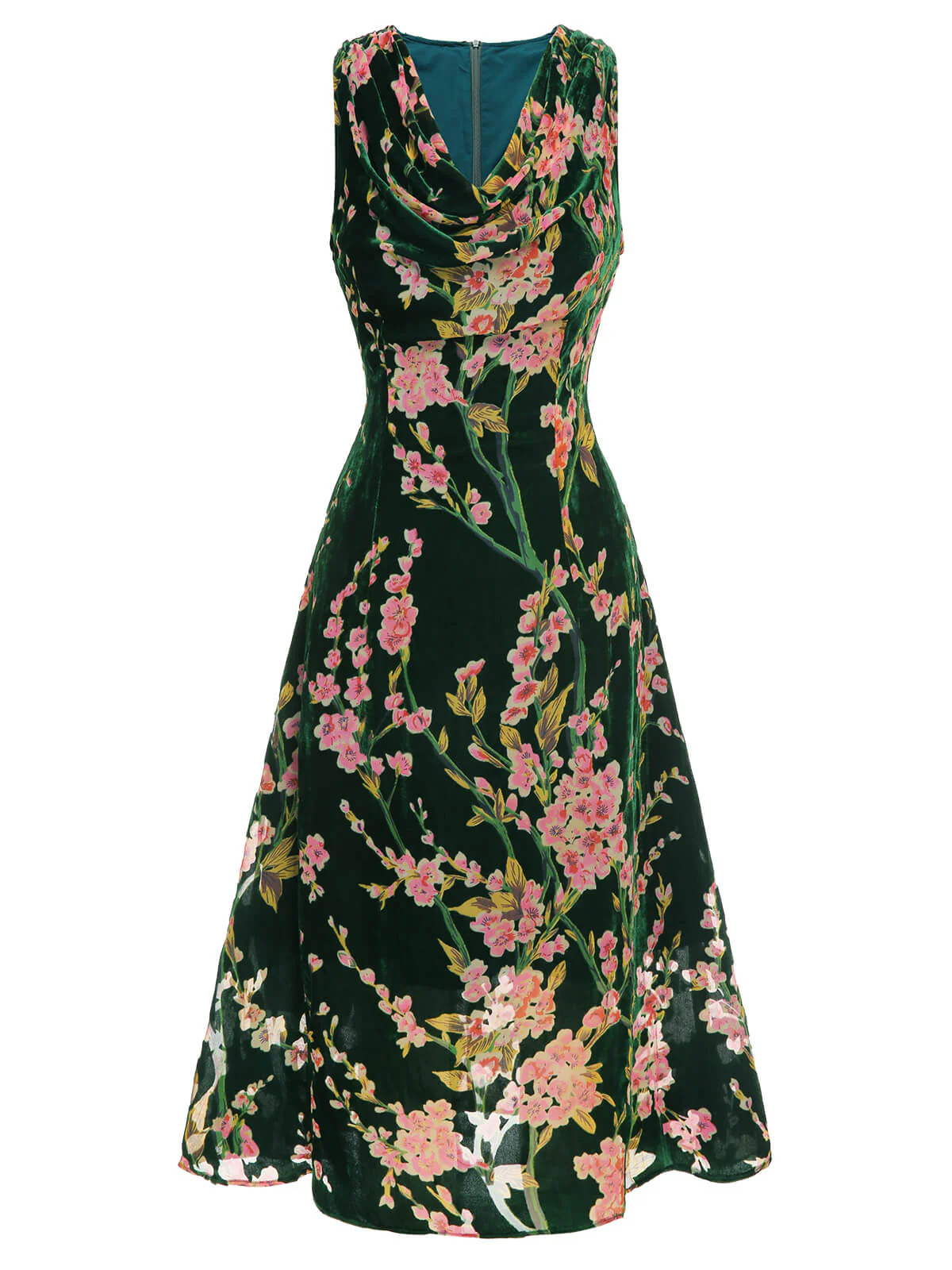 Green 1930s Floral Velvet Sleeveless Dress - Image 4
