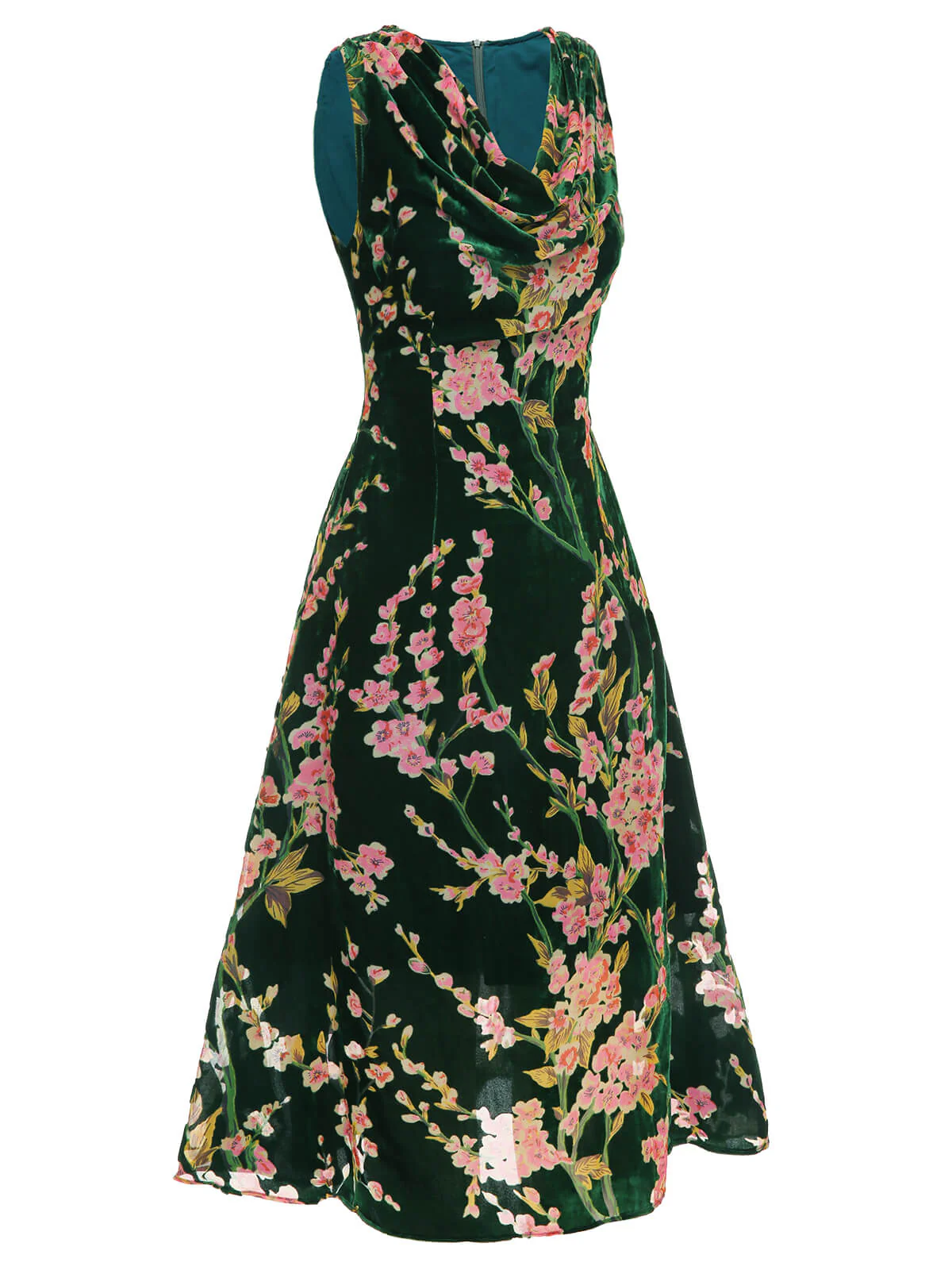 Green 1930s Floral Velvet Sleeveless Dress - Image 5