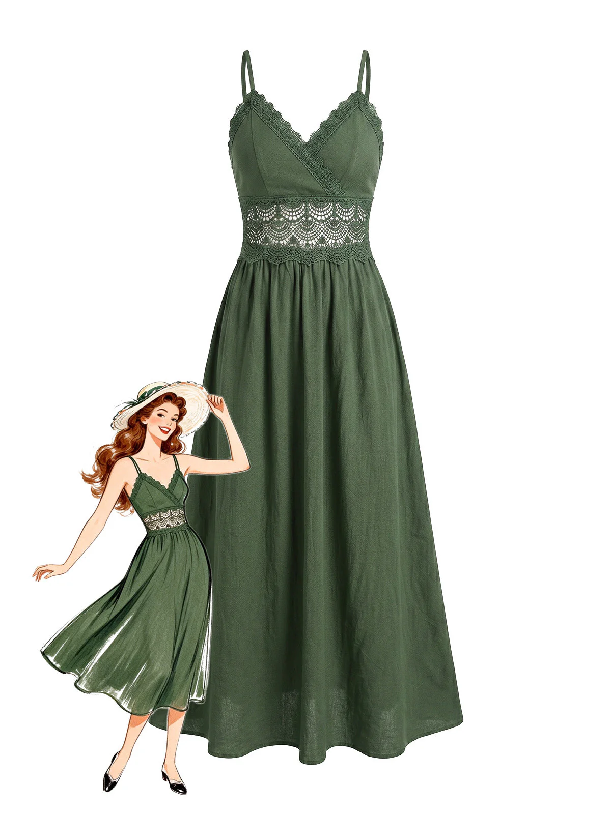 Green 1930s Lace Patchwork V-Neck Smocked Dress