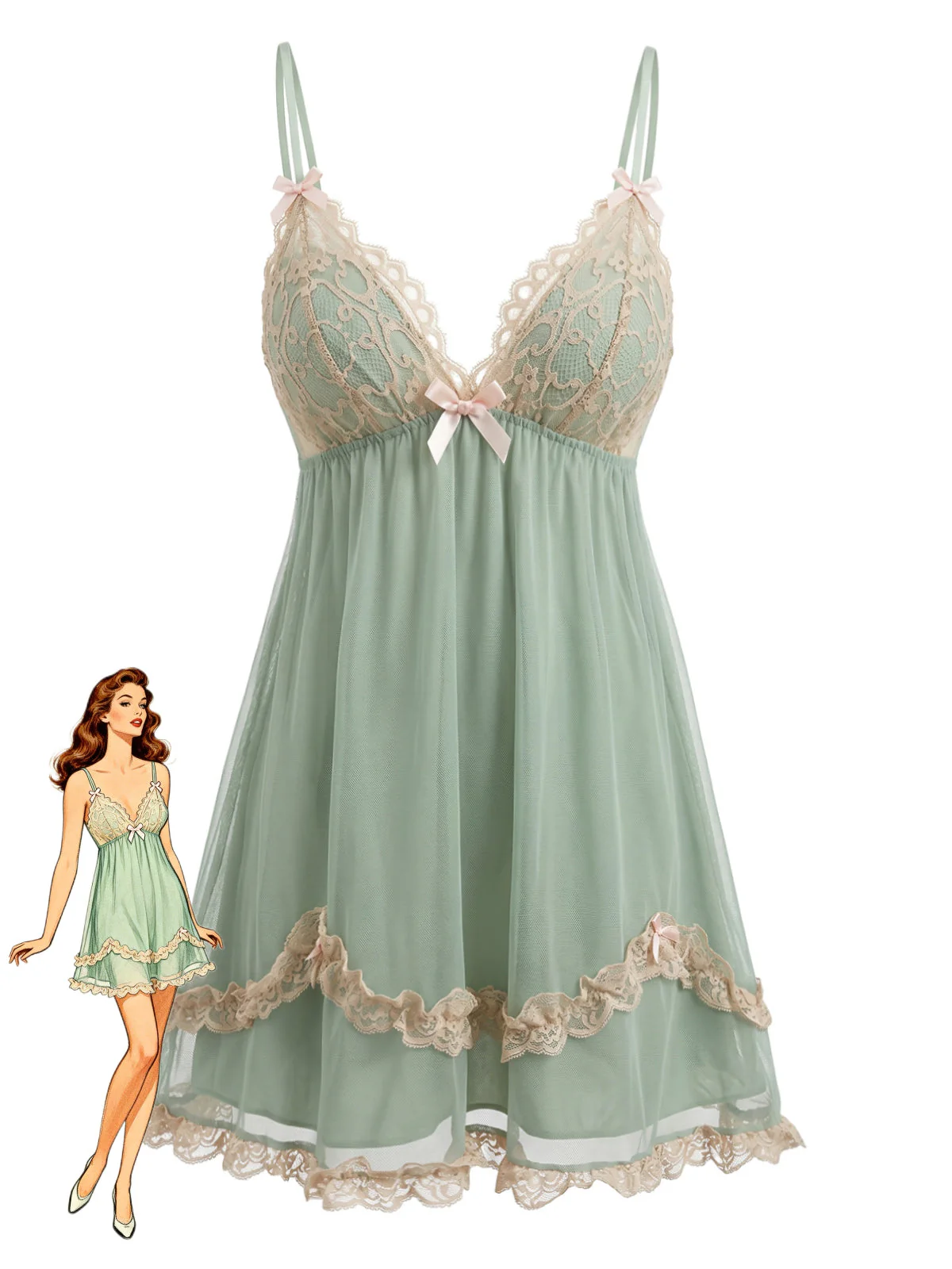 Green 1930s Lace Trim Mesh V-Neck Slip Nightgown