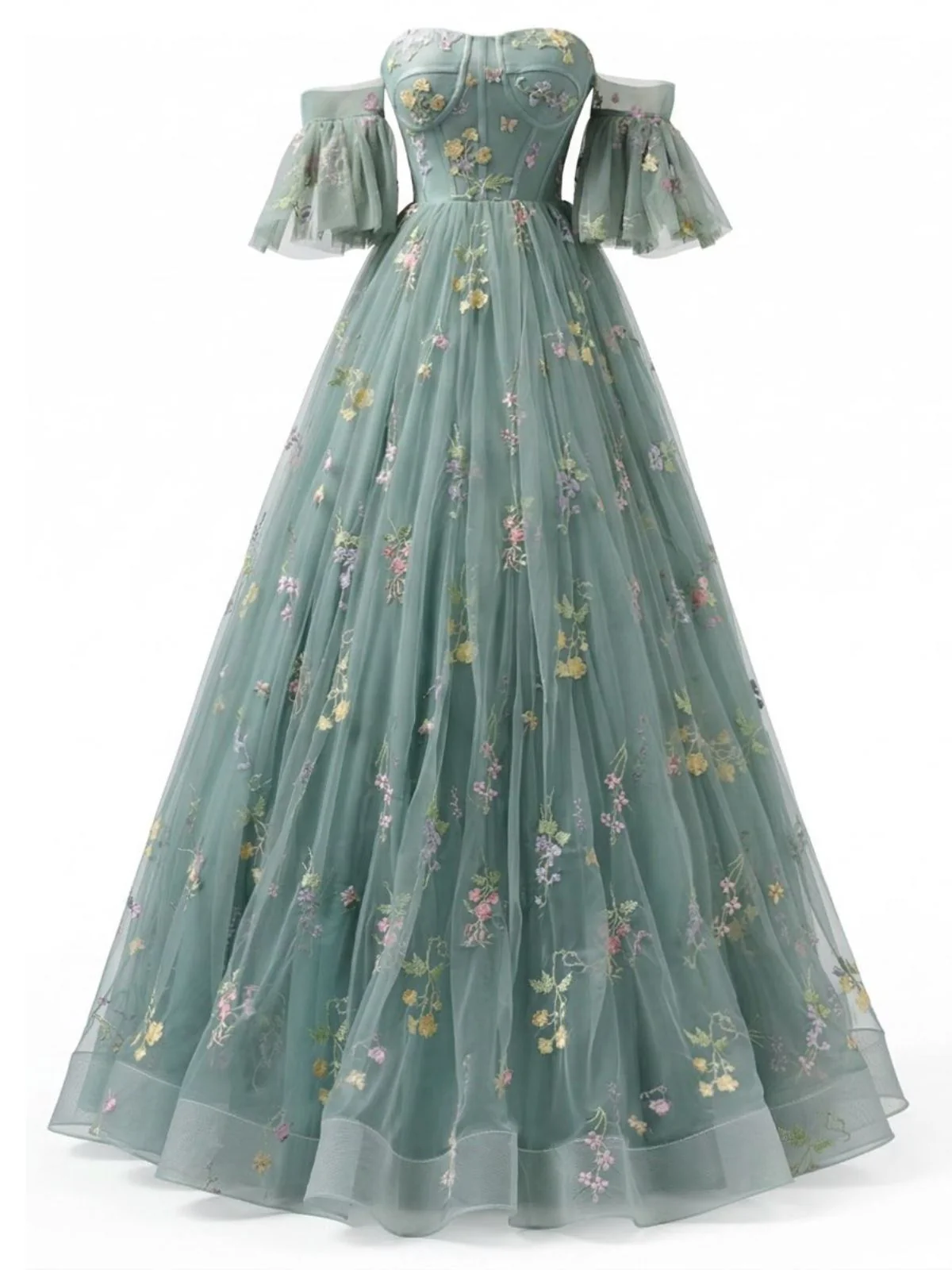 Green 1930s Off-Shoulder Floral Embroidered Tulle Maxi Dress