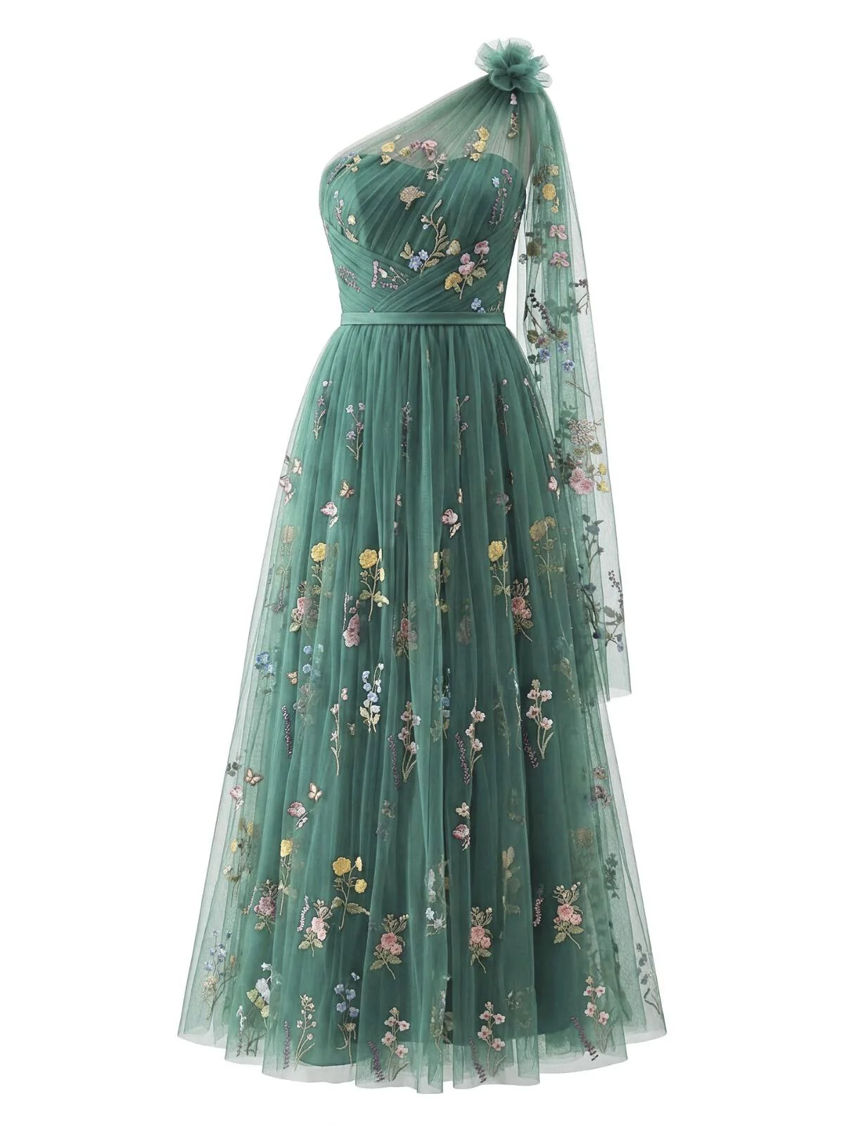 Green 1930s One-Shoulder Floral Embroidered Tulle Maxi Dress