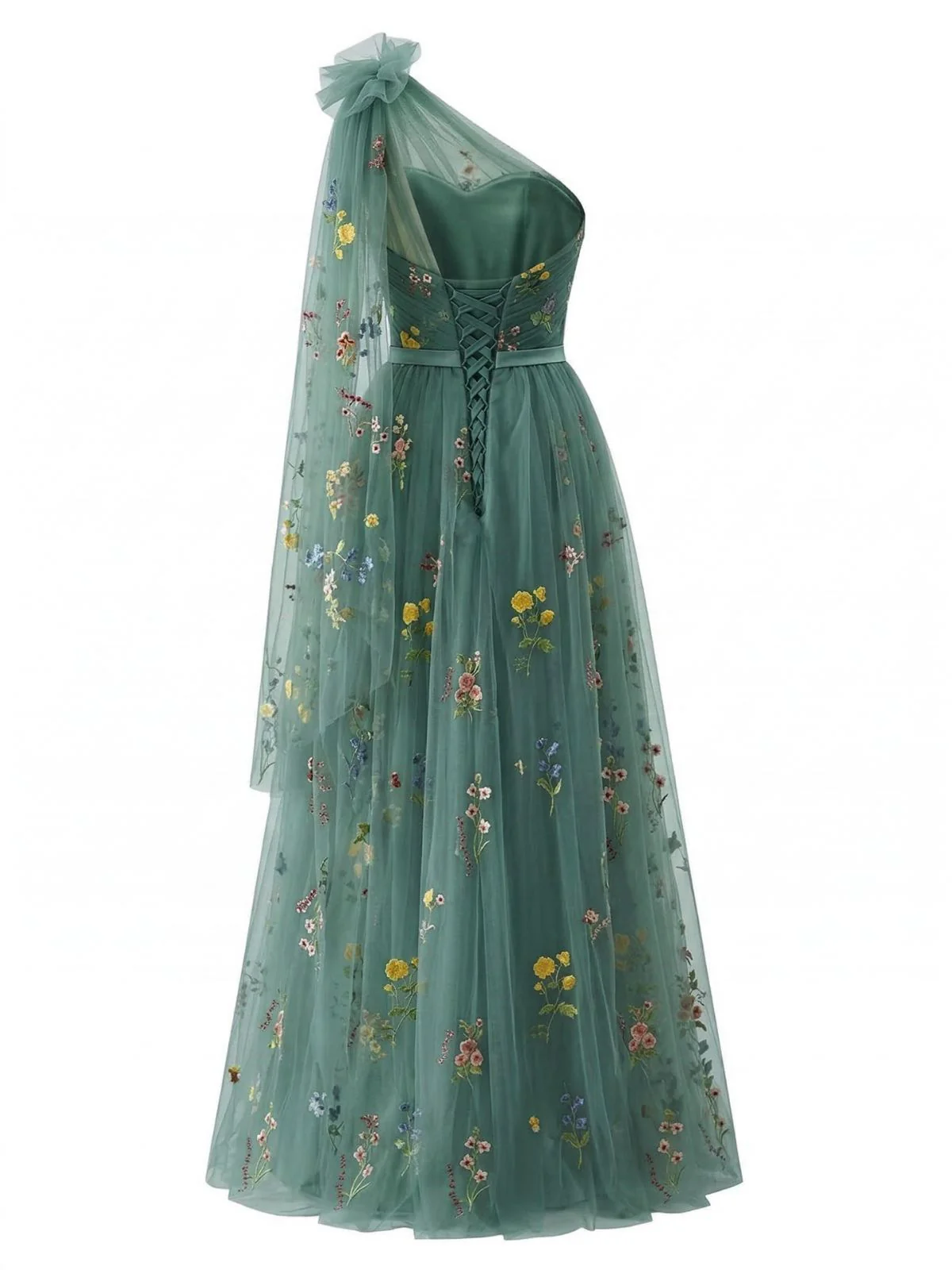 Green 1930s One-Shoulder Floral Embroidered Tulle Maxi Dress - Image 2