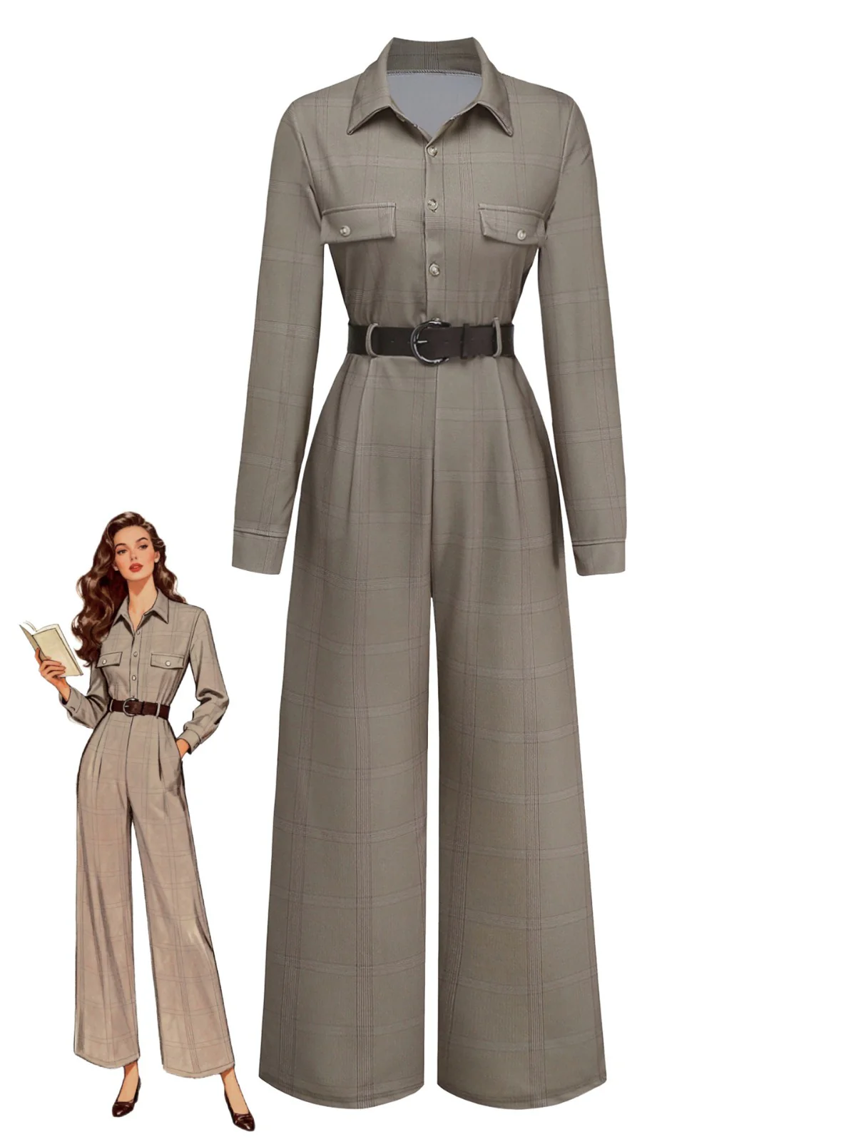 Green 1930s Plaid Lapel Belted Jumpsuit