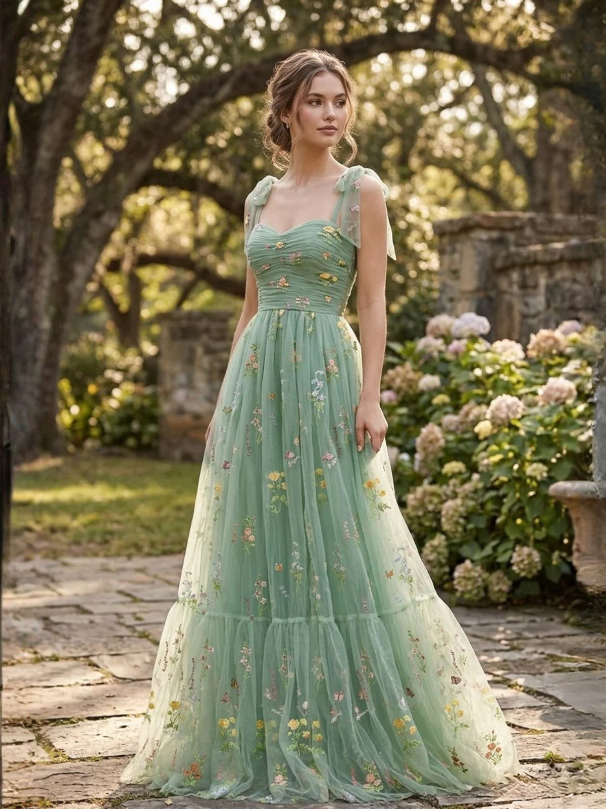 Green 1930s Shoulder Tie Embroidered Floral Mesh Dress