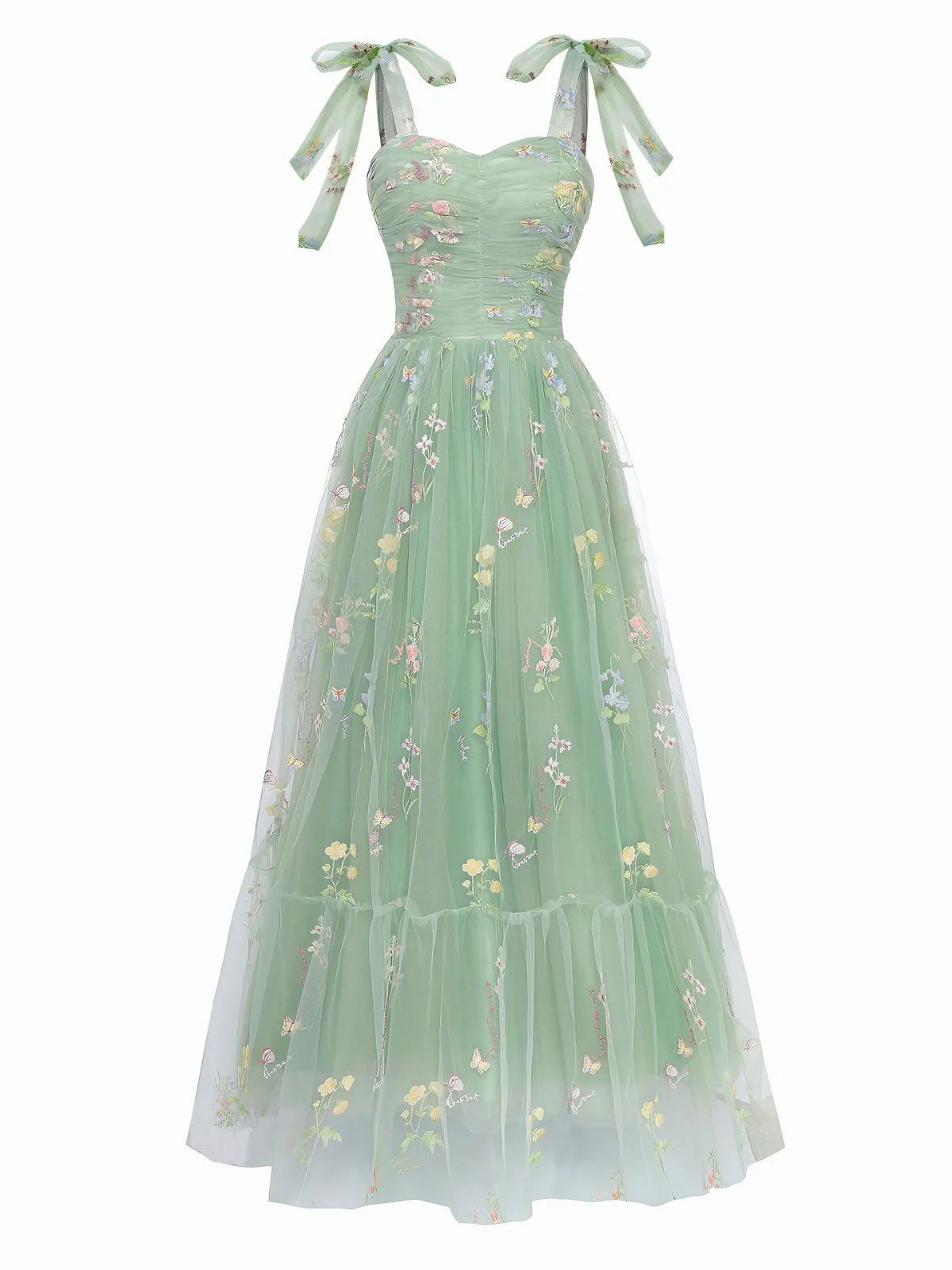 Green 1930s Shoulder Tie Embroidered Floral Mesh Dress