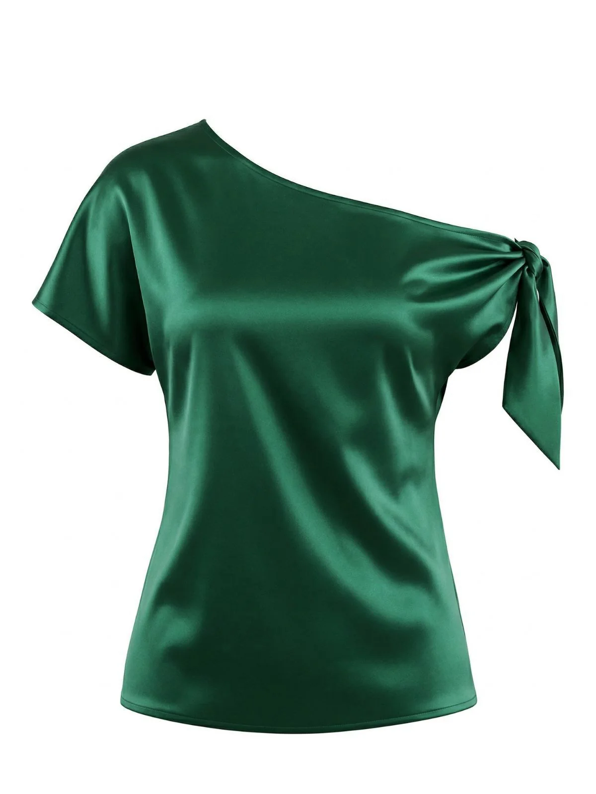 Green 1930s Solid Satin One-Shoulder Tie Knot Top