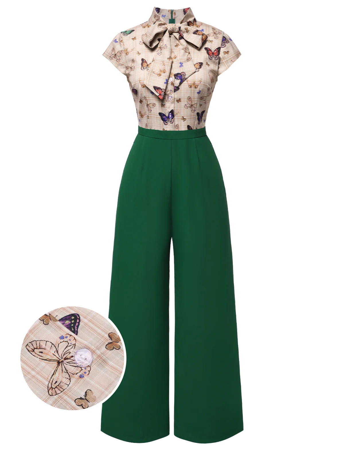 Green 1930s Tie Neck Plaids Butterflies Jumpsuit - Image 2