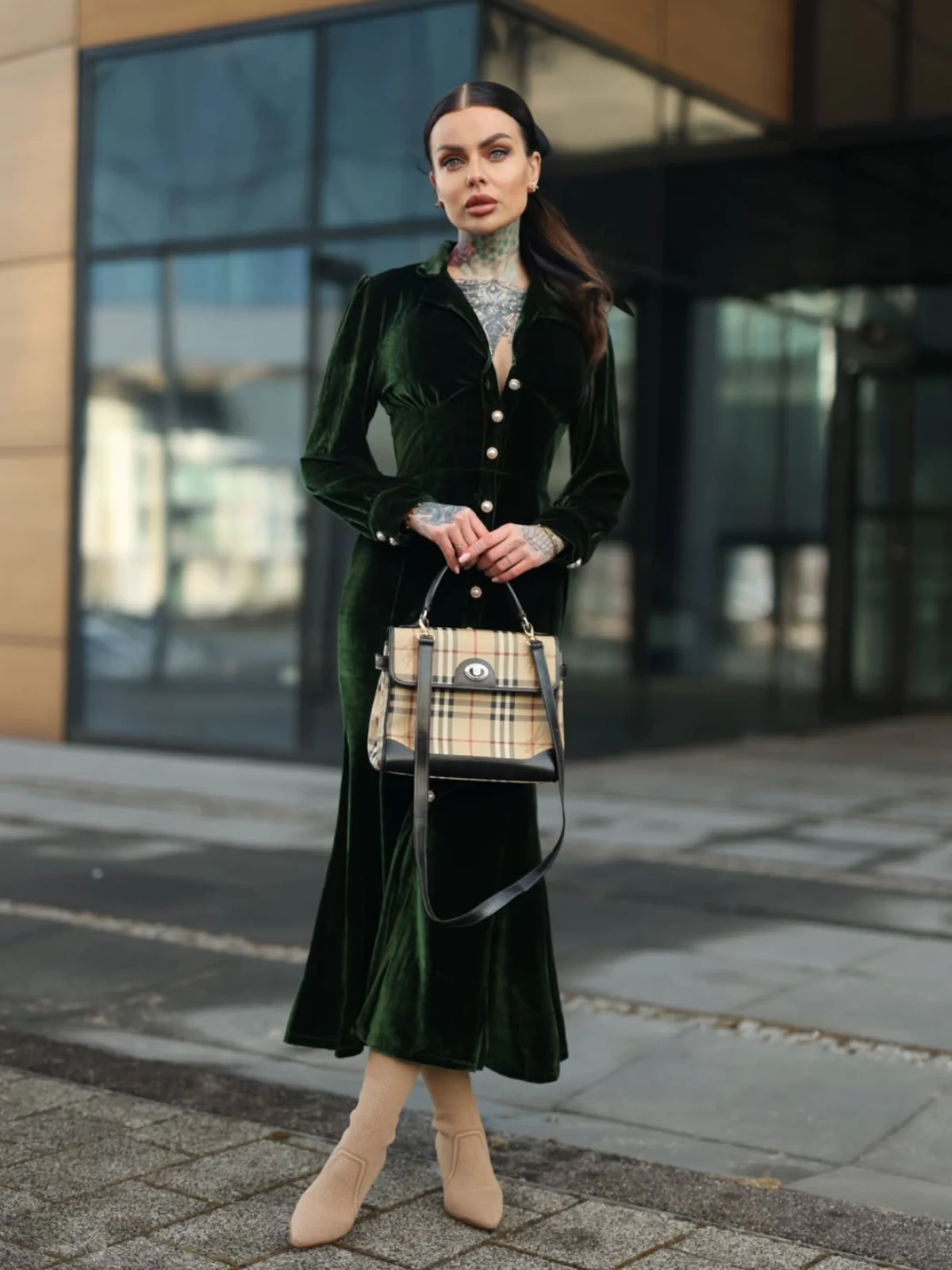 Green 1930s Velvet Pearl Lantern Sleeve Mermaid Dress