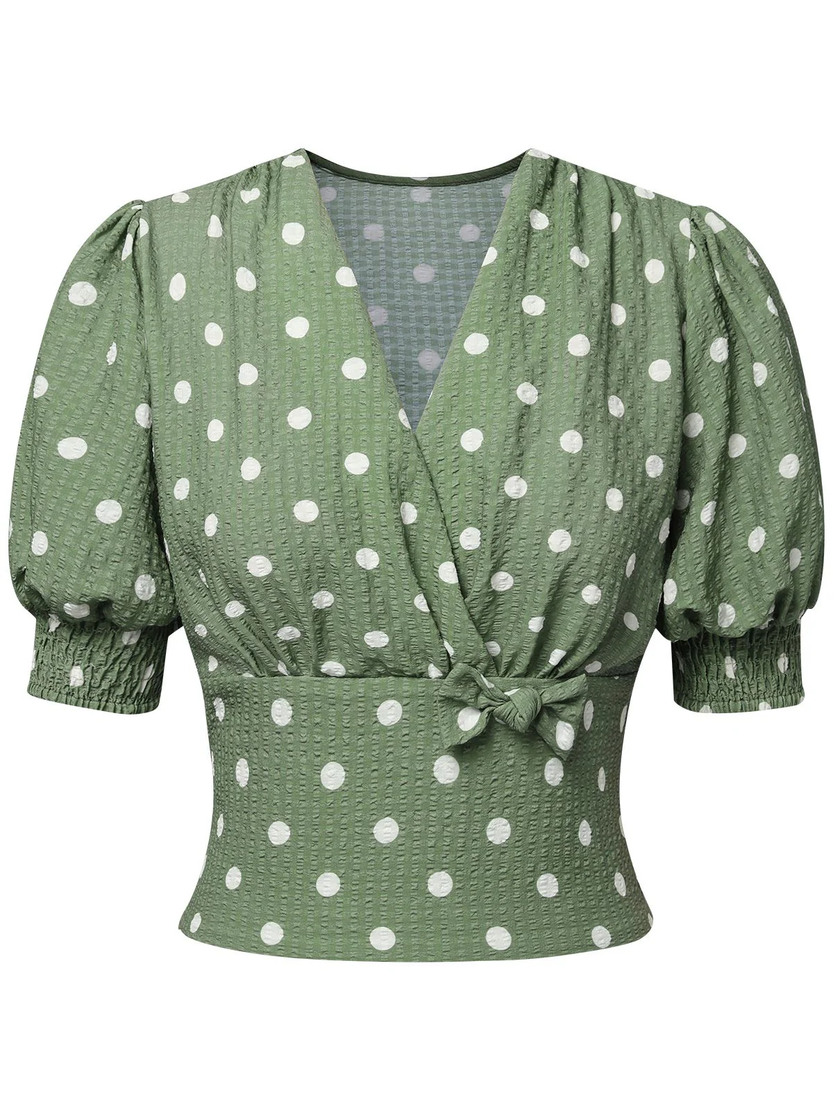 Green 1940s Dots Bowknot V-Neck Blouse - Image 2