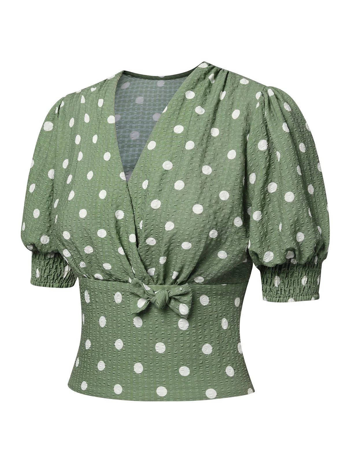 Green 1940s Dots Bowknot V-Neck Blouse - Image 3