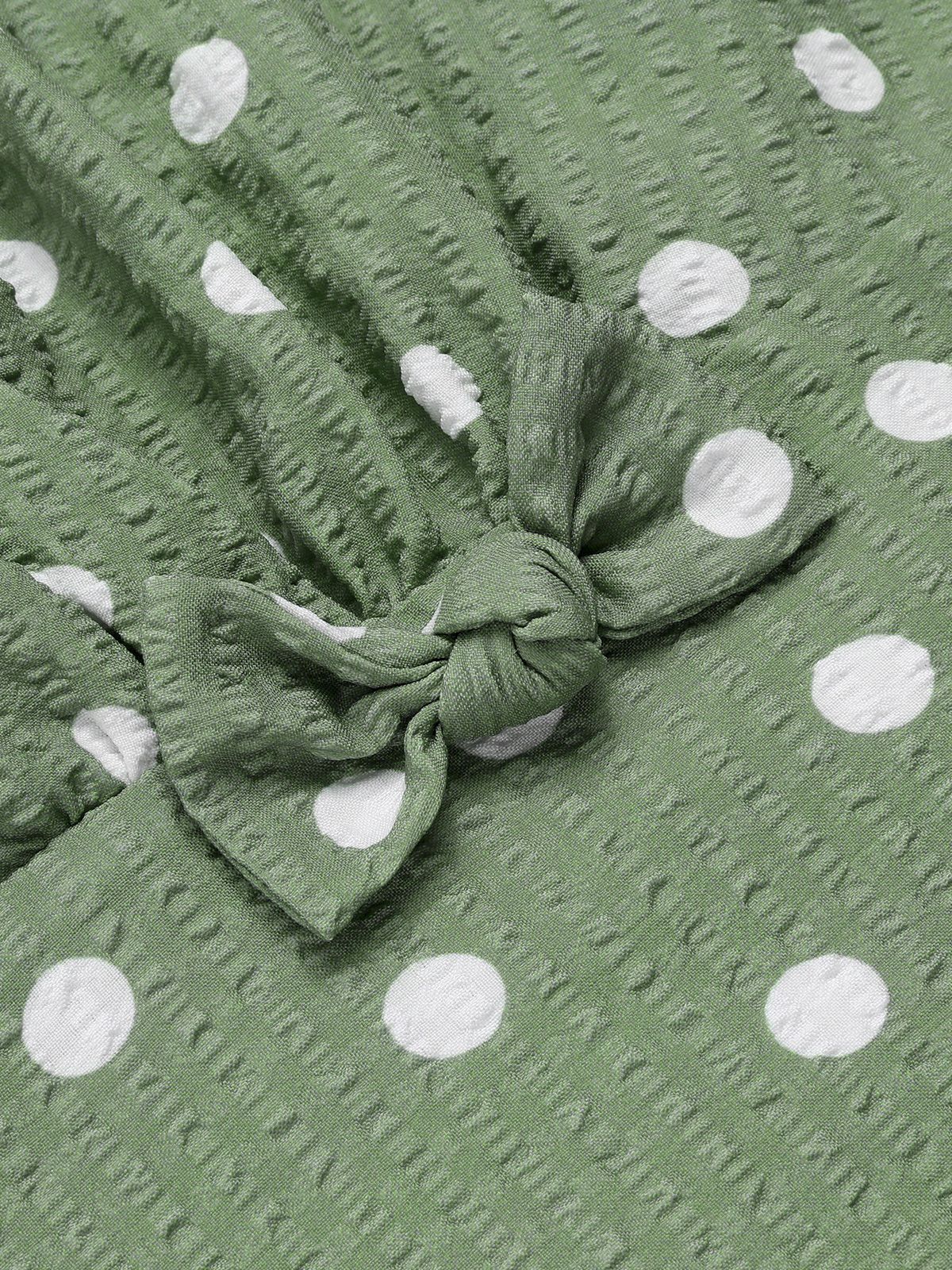 Green 1940s Dots Bowknot V-Neck Blouse - Image 6