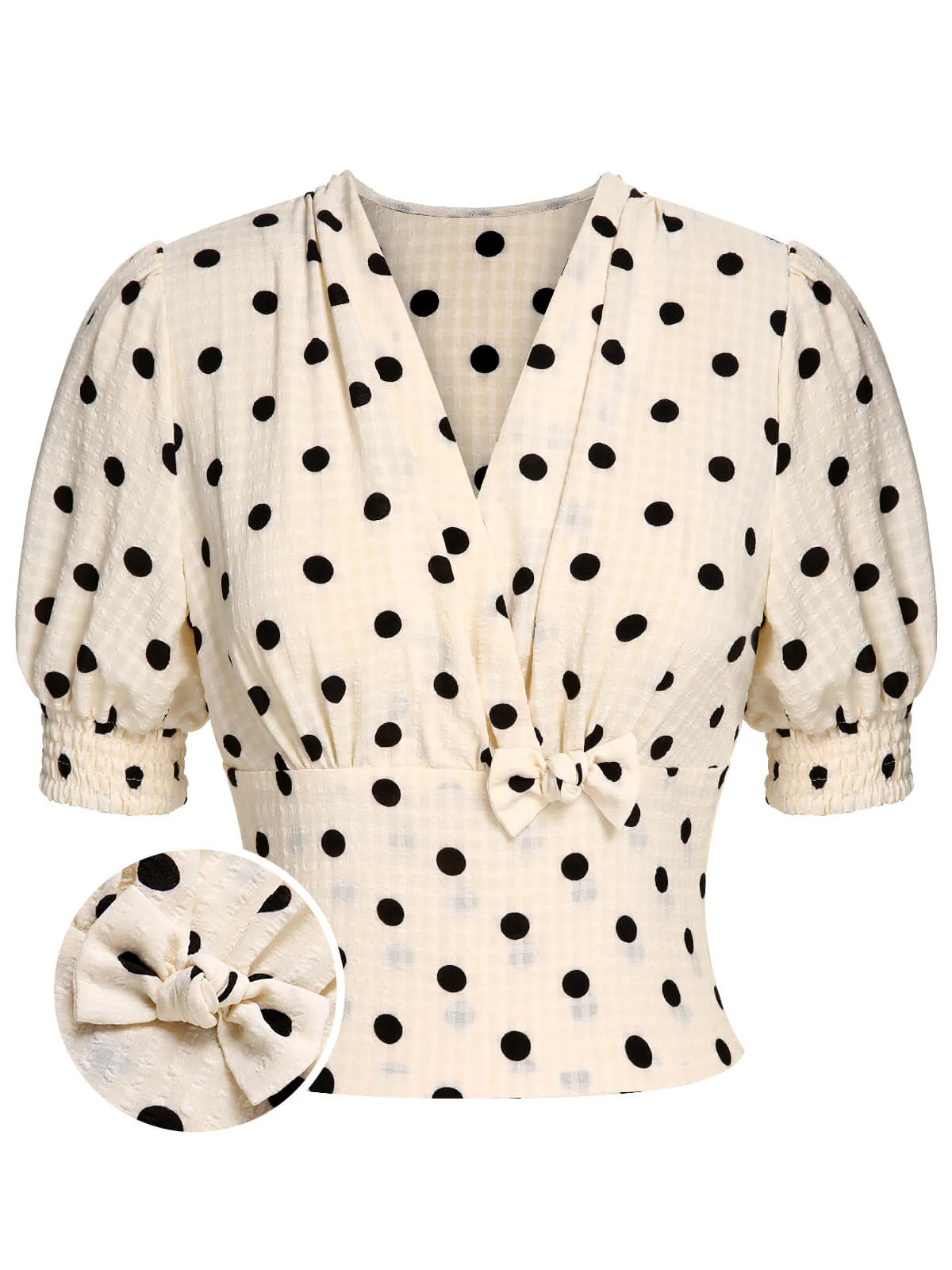 Green 1940s Dots Bowknot V-Neck Blouse - Image 8