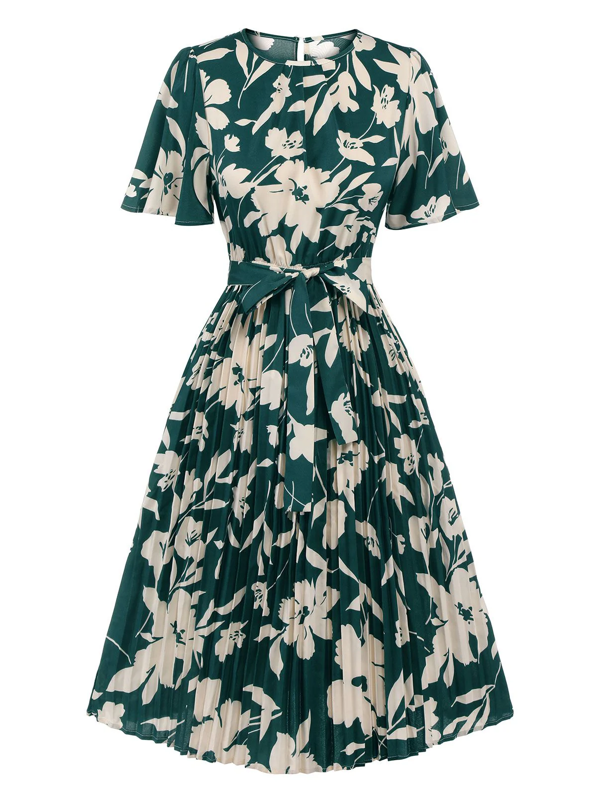 Green 1940s Floral Pleated Belt Dress - Image 2