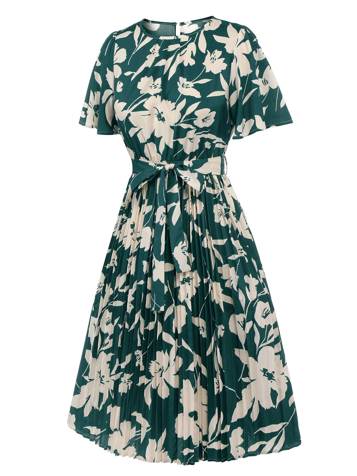 Green 1940s Floral Pleated Belt Dress - Image 3