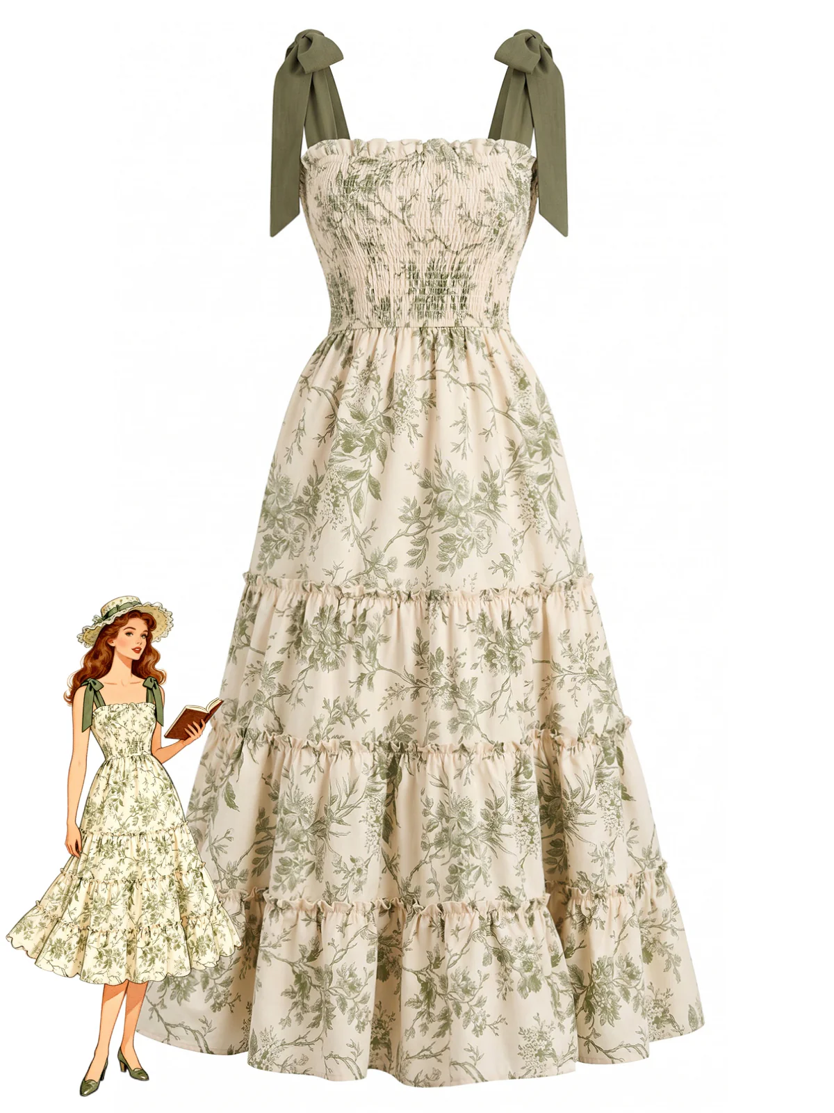 Green 1940s Floral Shoulder-Tie Tiered Dress
