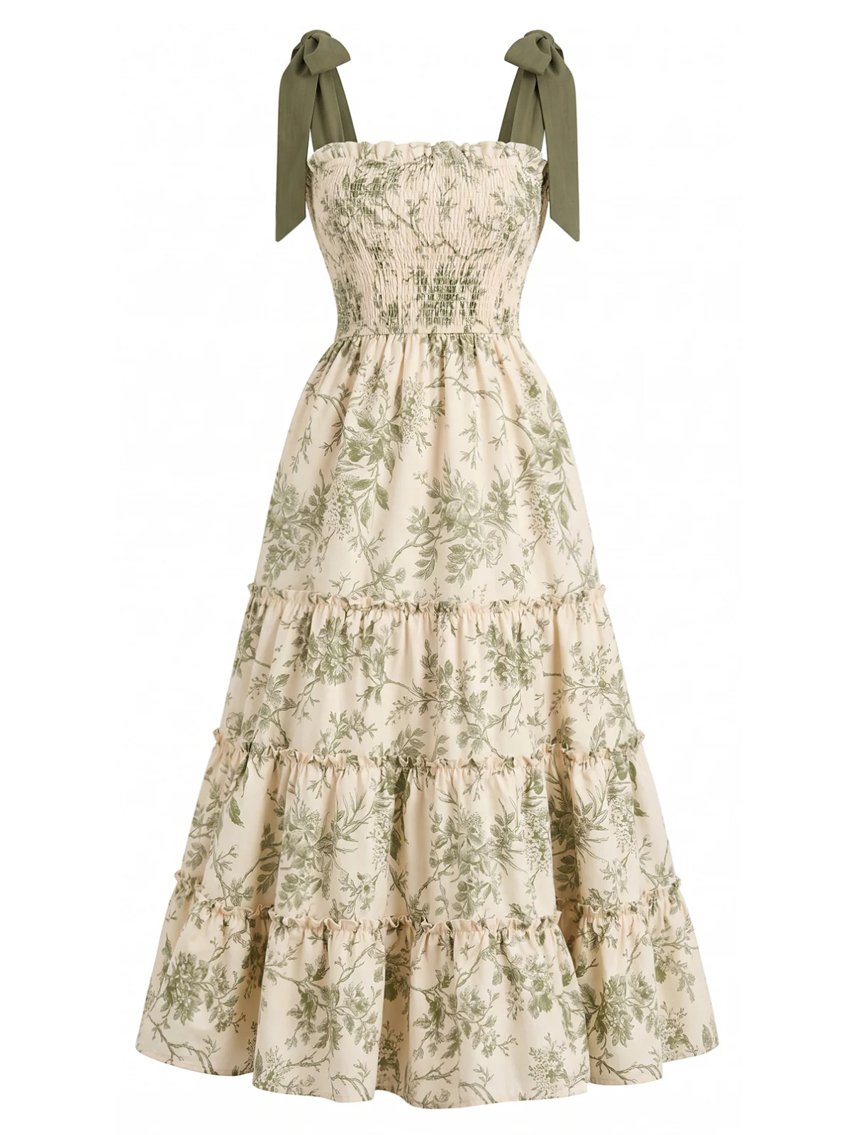 Green 1940s Floral Shoulder-Tie Tiered Dress - Image 2