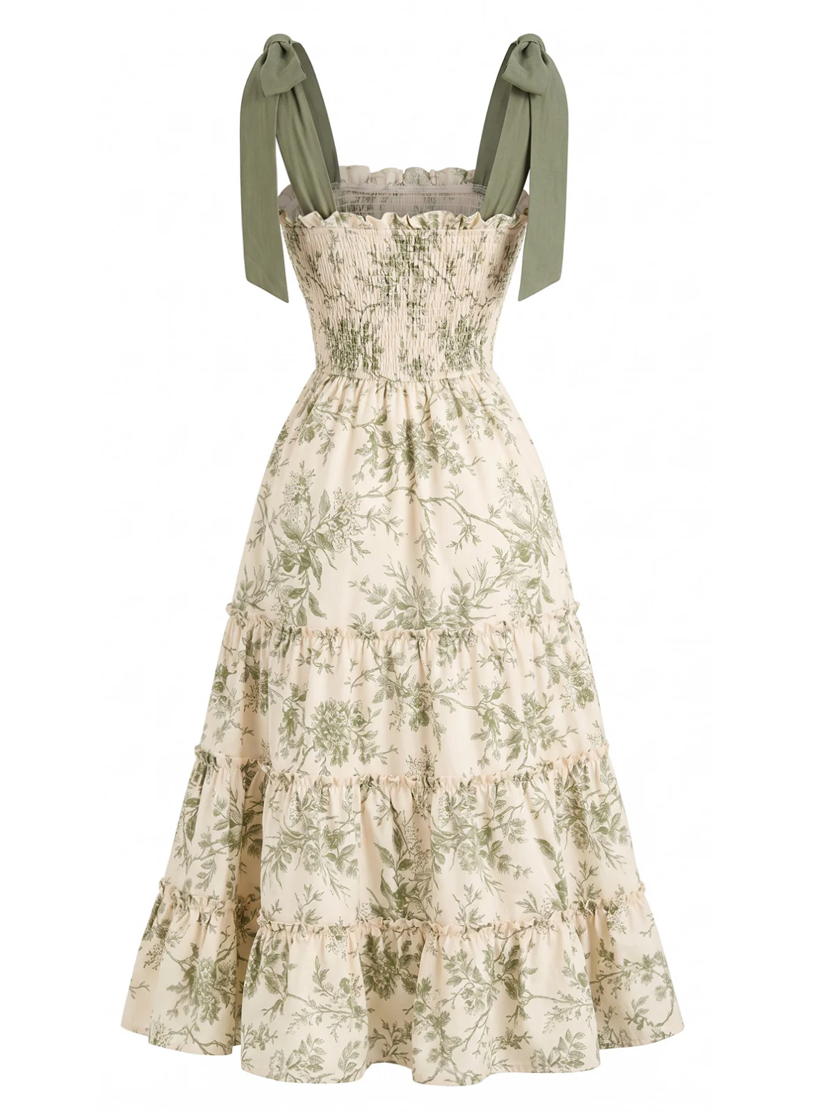 Green 1940s Floral Shoulder-Tie Tiered Dress - Image 3