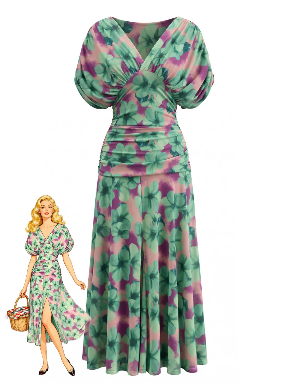Green 1940s Floral V-Neck Smocked Waist Dress