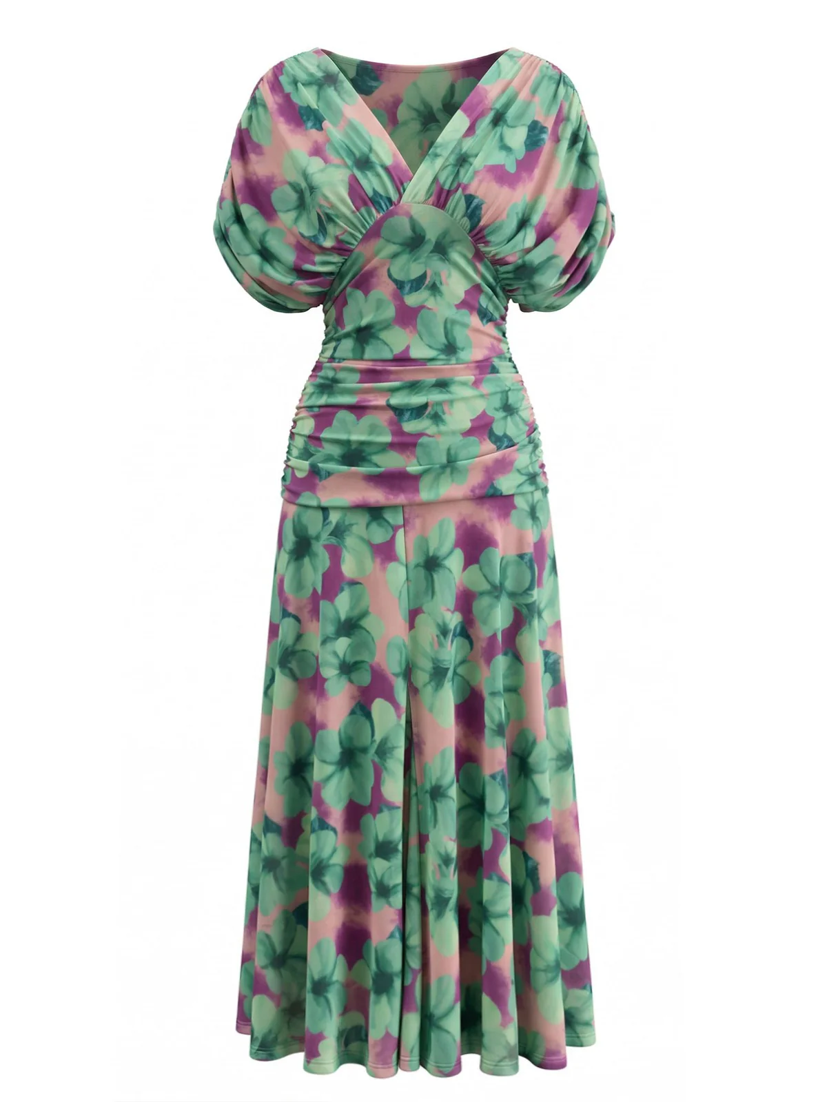 Green 1940s Floral V-Neck Smocked Waist Dress - Image 2