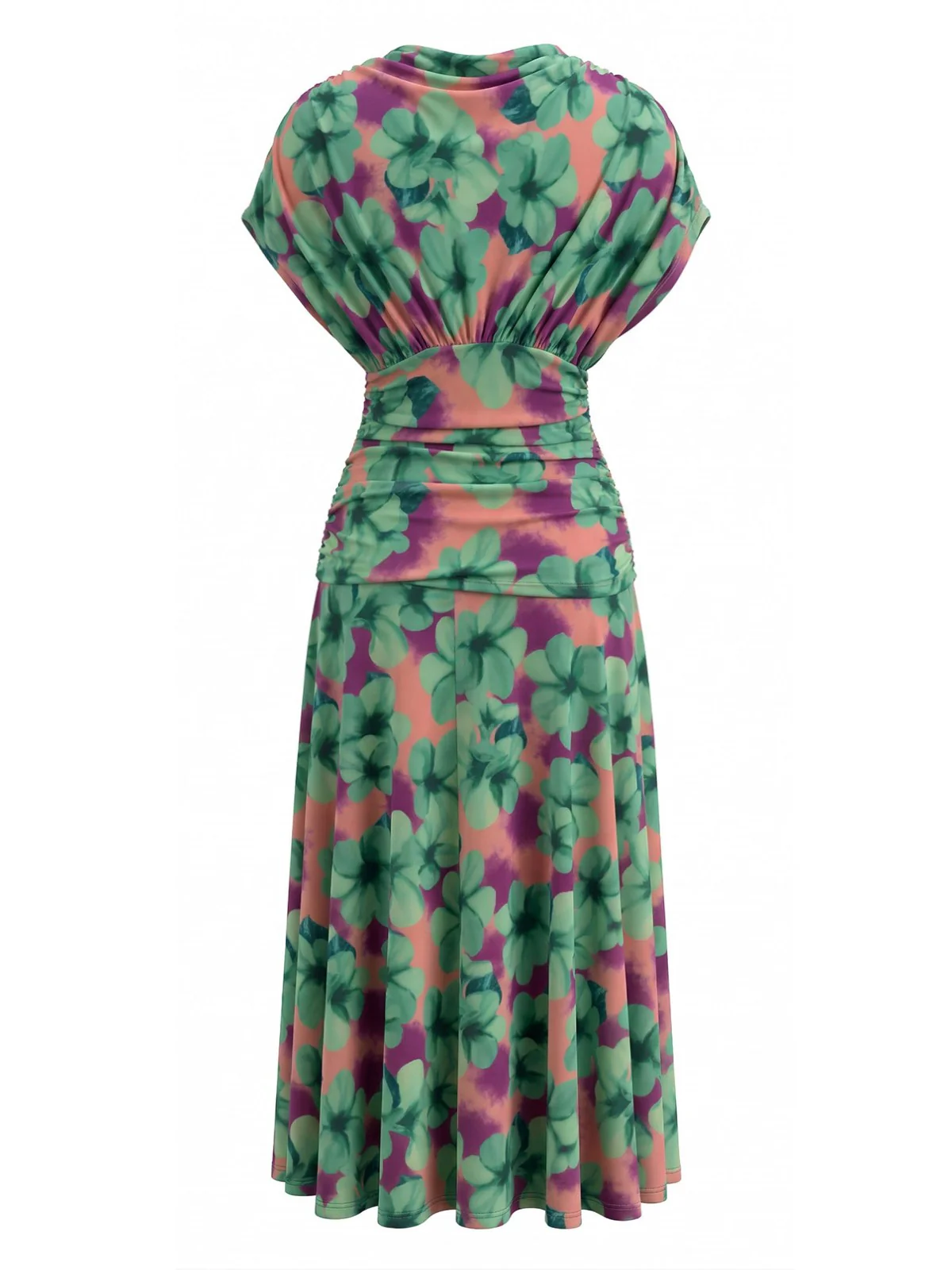 Green 1940s Floral V-Neck Smocked Waist Dress - Image 3