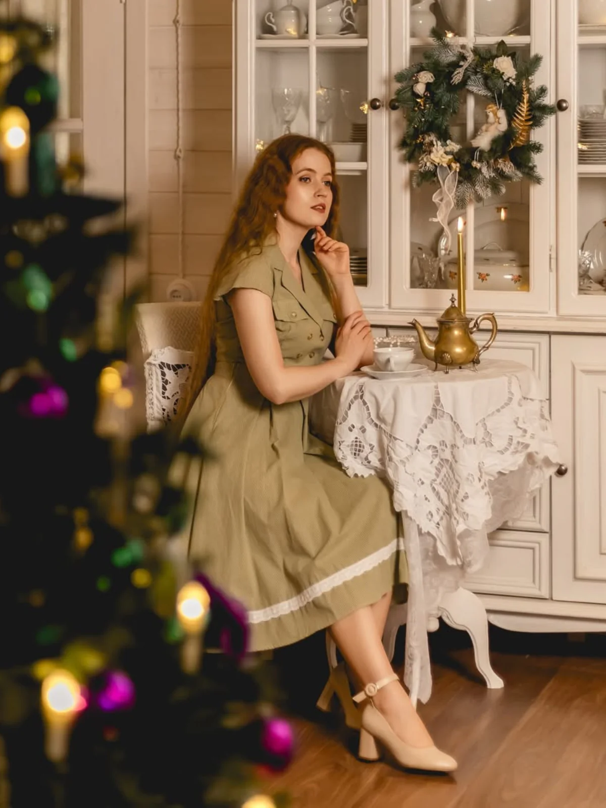 Green 1940s Lace Plaid Cotton Patchwork Dress