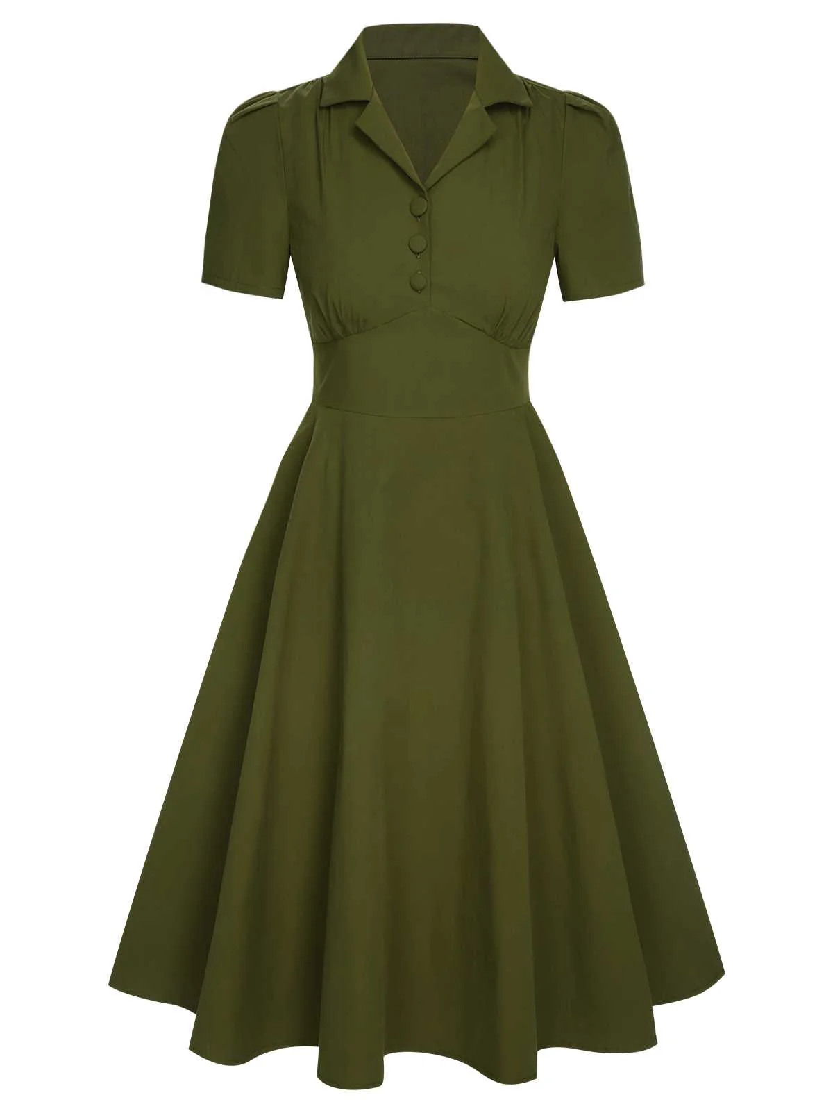 Green 1940s Lapel Buttoned Solid Dress - Image 3